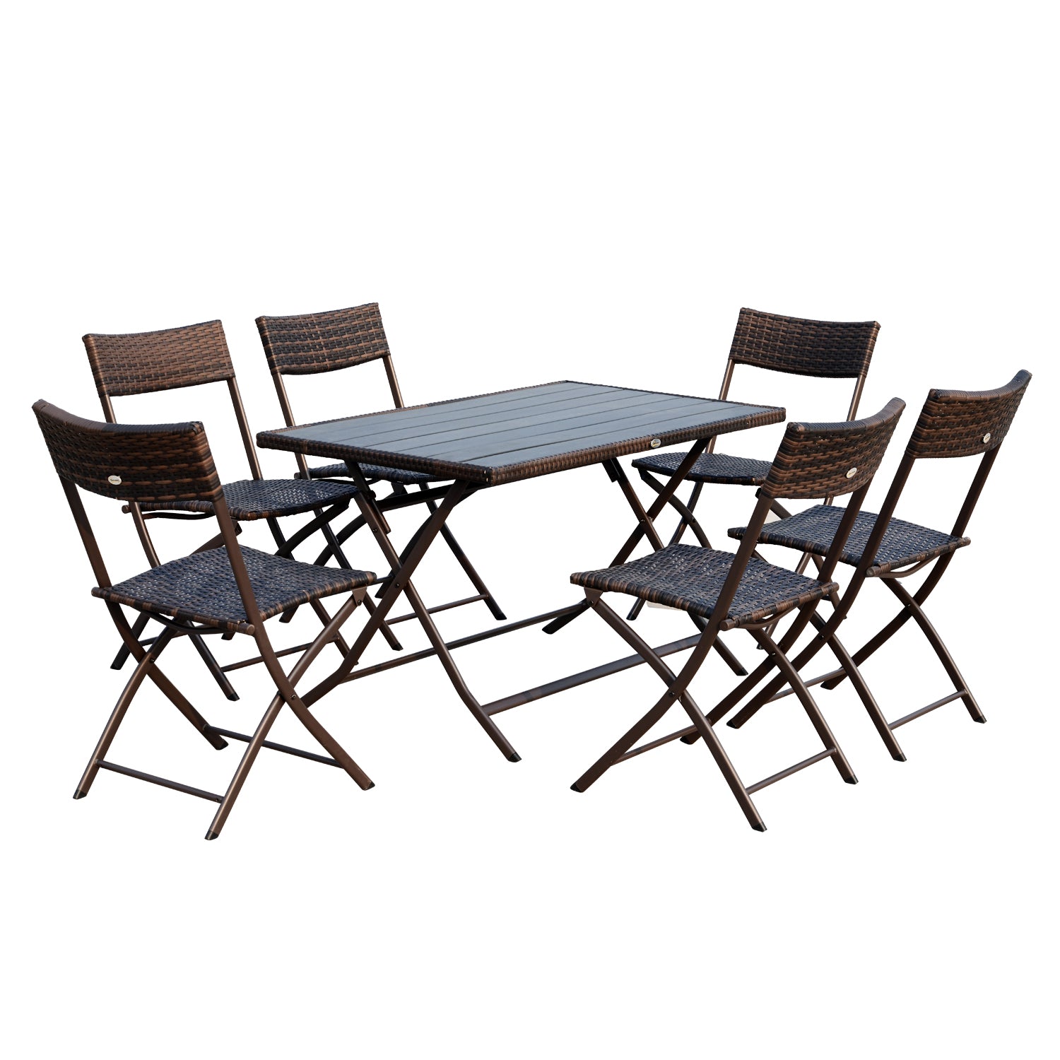 Folding Garden Furniture Set 7-Piece Rattan Garden Furniture Set Table and 6 Chairs for Outdoor Patio Terrace Steel Brown