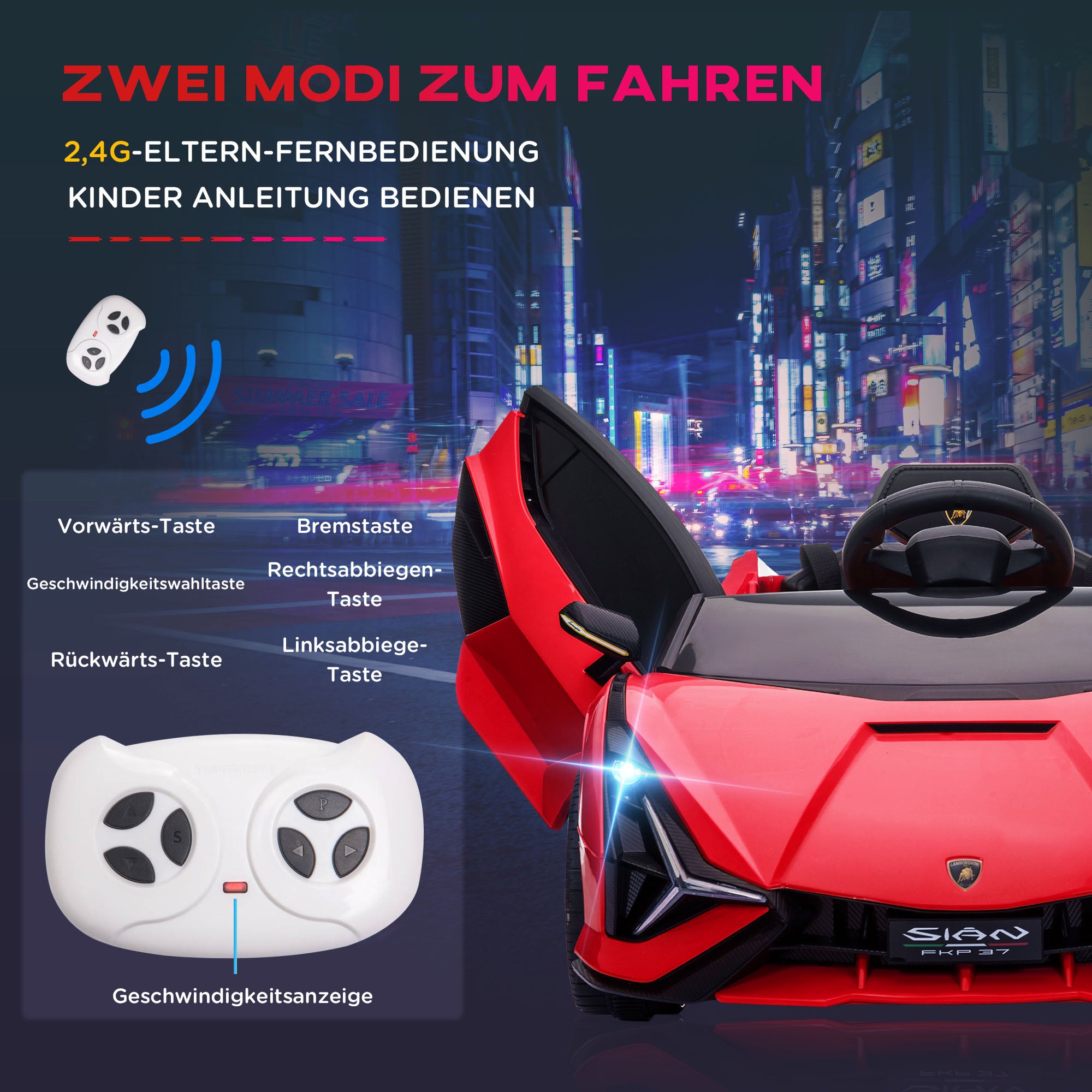 Kids Electric Car 12V 2 Modes Lamborghini SIAN SUV Toy Electric Vehicle with Remote Control Music (MP3/USB) Light Ages 3-5 Metal Red 108 x 62 x 40 cm