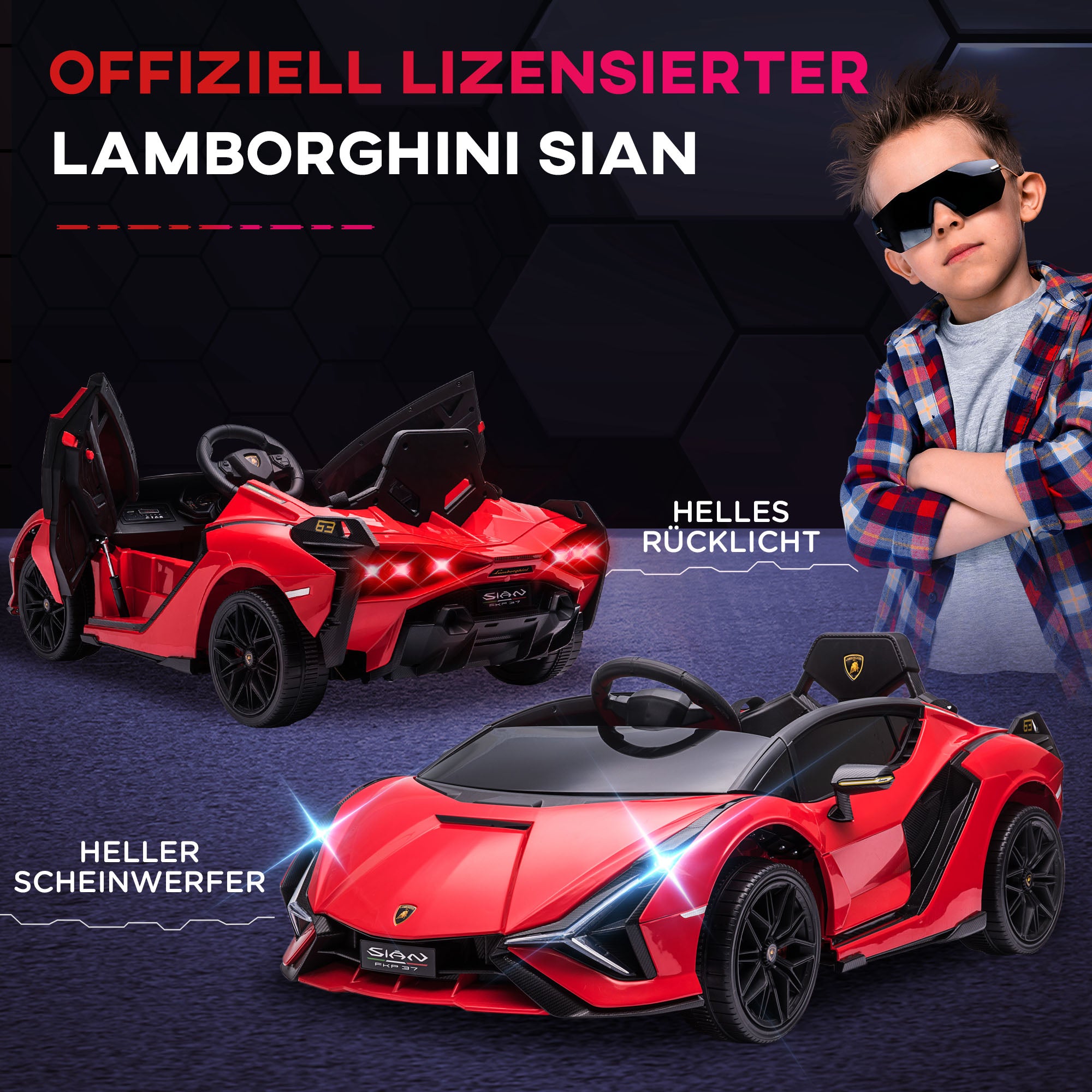 Kids Electric Car 12V 2 Modes Lamborghini SIAN SUV Toy Electric Vehicle with Remote Control Music (MP3/USB) Light Ages 3-5 Metal Red 108 x 62 x 40 cm