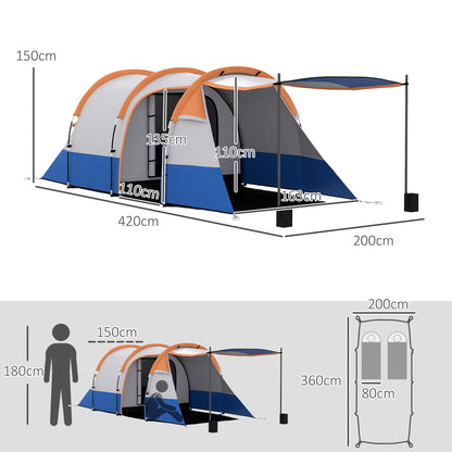 Camping Tent, Tunnel Tent for 3 Persons, with Light Hook, Vestibule, 2 Rooms, Windproof Family Tent with Carrying Bag, 2000mm Water Resistant Pop Up Tent for Camping, Garden, Orange