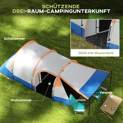 Camping Tent, Tunnel Tent for 3 Persons, with Light Hook, Vestibule, 2 Rooms, Windproof Family Tent with Carrying Bag, 2000mm Water Resistant Pop Up Tent for Camping, Garden, Orange