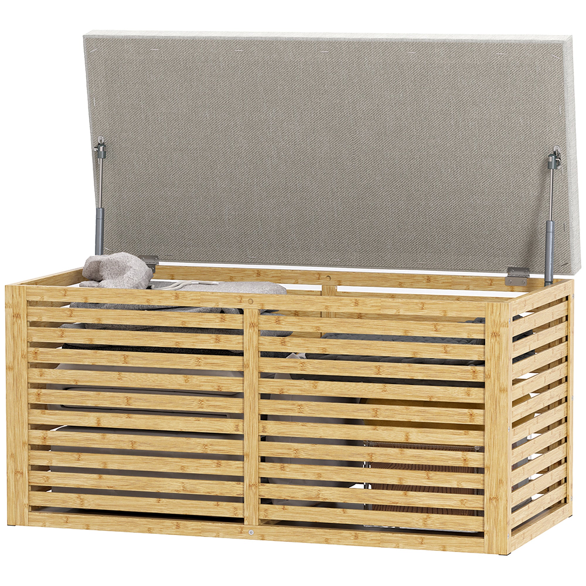 122L Bedroom Storage Ottoman Storage Bench Upholstered in Synthetic Linen with Bamboo Frame for Entryway Living Room 90x42x43 cm Gray and Natural