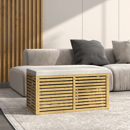 122L Bedroom Storage Ottoman Storage Bench Upholstered in Synthetic Linen with Bamboo Frame for Entryway Living Room 90x42x43 cm Gray and Natural