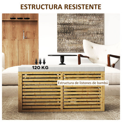 122L Bedroom Storage Ottoman Storage Bench Upholstered in Synthetic Linen with Bamboo Frame for Entryway Living Room 90x42x43 cm Gray and Natural