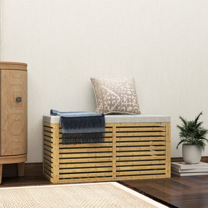 122L Bedroom Storage Ottoman Storage Bench Upholstered in Synthetic Linen with Bamboo Frame for Entryway Living Room 90x42x43 cm Gray and Natural