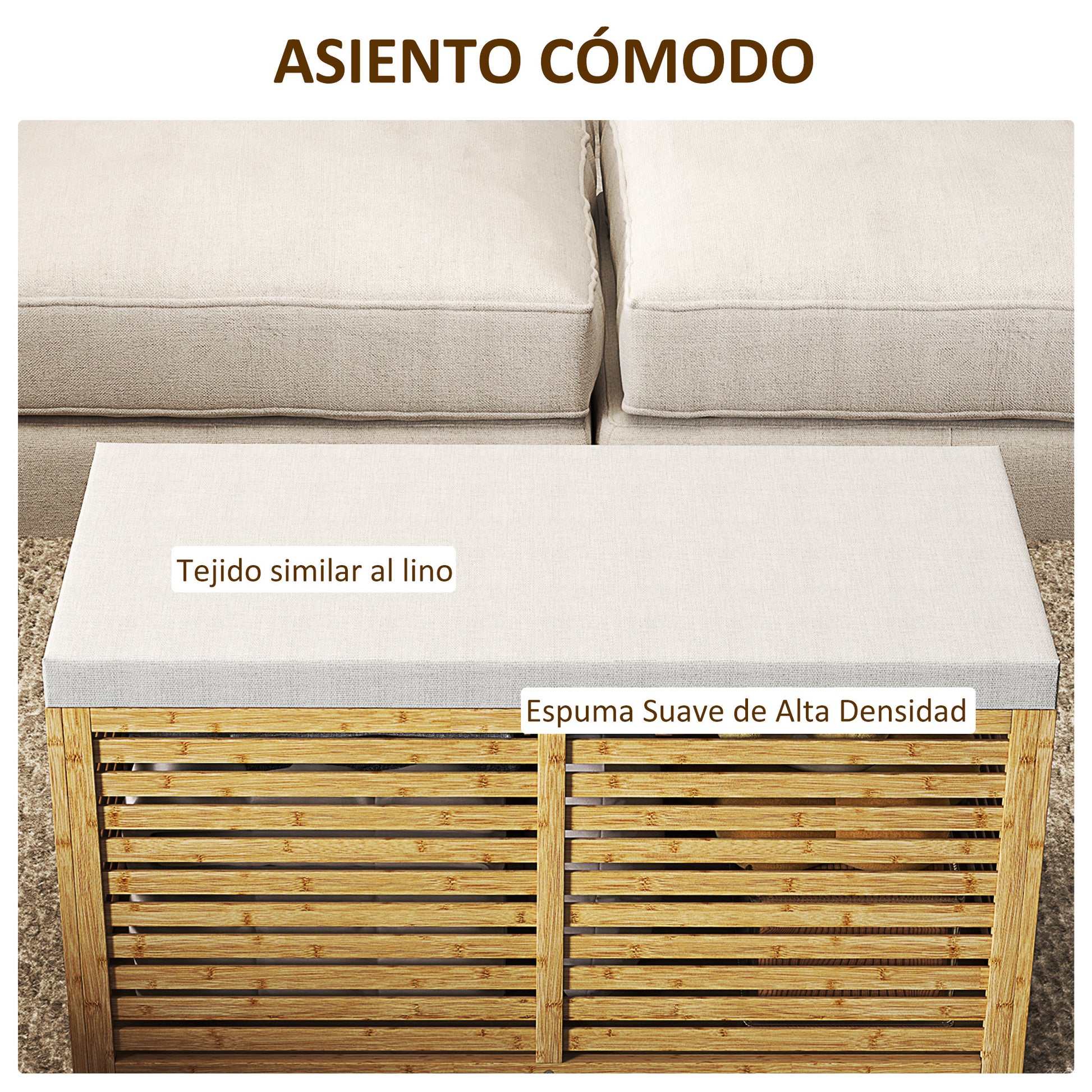 122L Bedroom Storage Ottoman Storage Bench Upholstered in Synthetic Linen with Bamboo Frame for Entryway Living Room 90x42x43 cm Gray and Natural