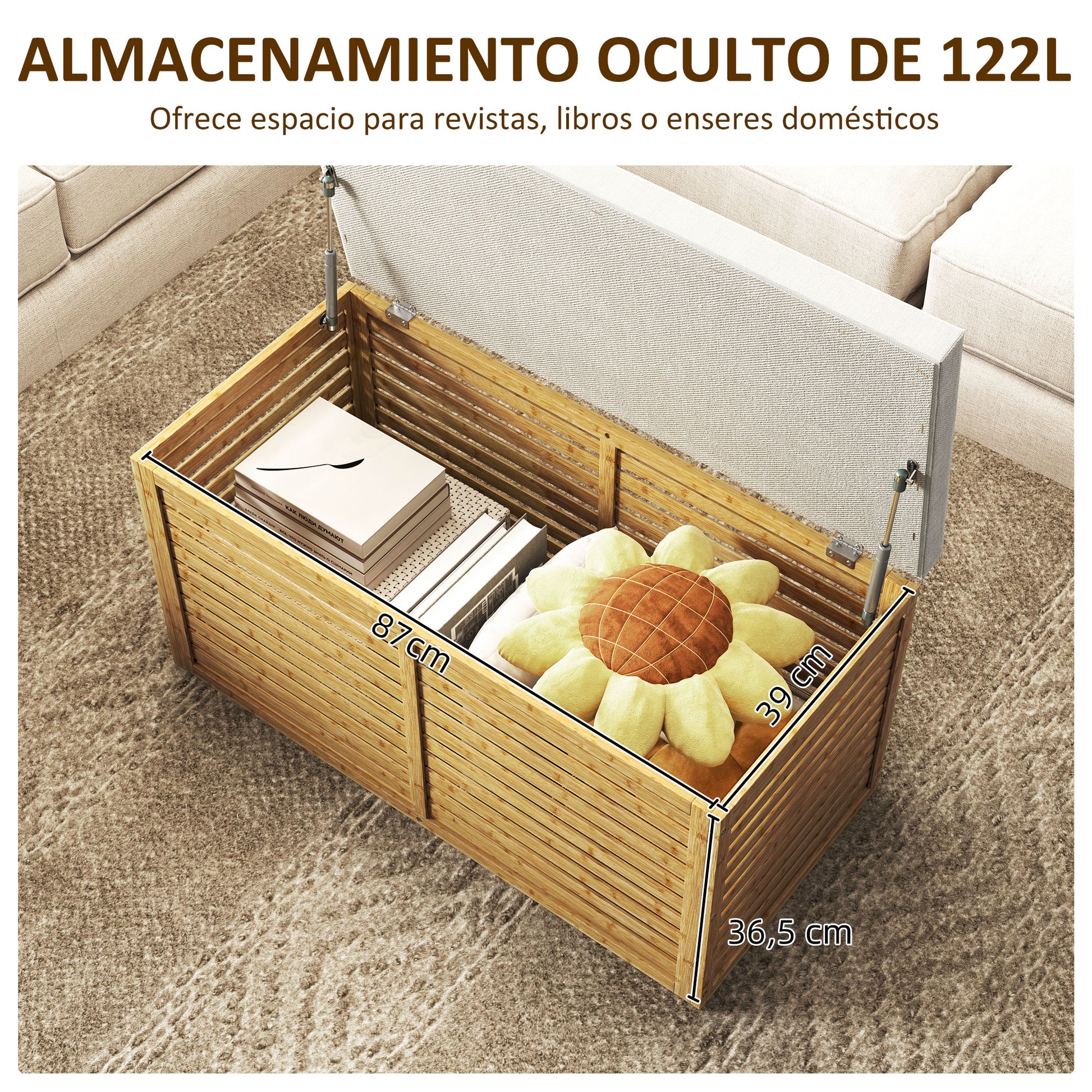 122L Bedroom Storage Ottoman Storage Bench Upholstered in Synthetic Linen with Bamboo Frame for Entryway Living Room 90x42x43 cm Gray and Natural