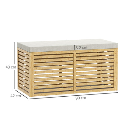 122L Bedroom Storage Ottoman Storage Bench Upholstered in Synthetic Linen with Bamboo Frame for Entryway Living Room 90x42x43 cm Gray and Natural