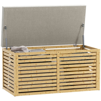 122L Bedroom Storage Ottoman Storage Bench Upholstered in Synthetic Linen with Bamboo Frame for Entryway Living Room 90x42x43 cm Gray and Natural