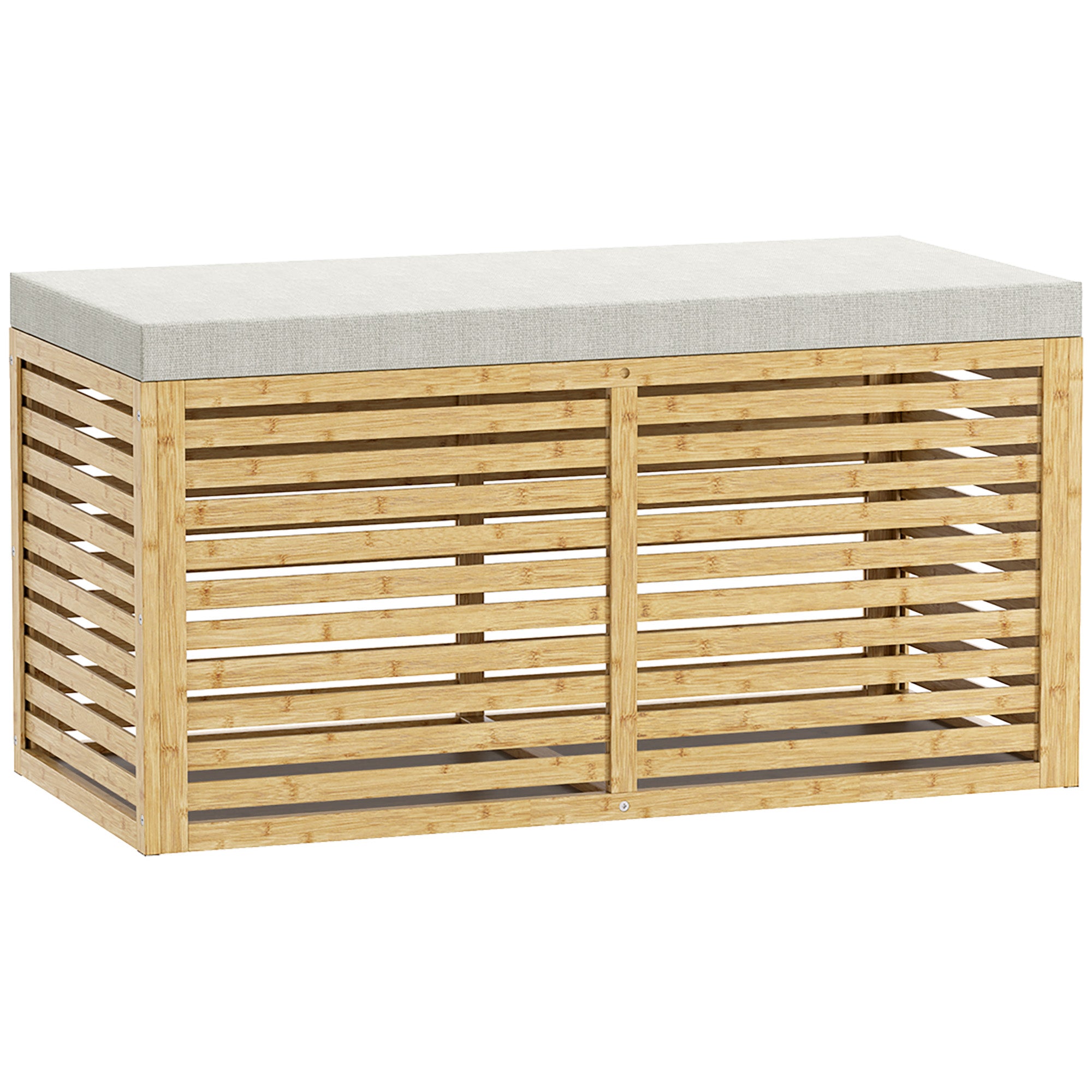 122L Bedroom Storage Ottoman Storage Bench Upholstered in Synthetic Linen with Bamboo Frame for Entryway Living Room 90x42x43 cm Gray and Natural