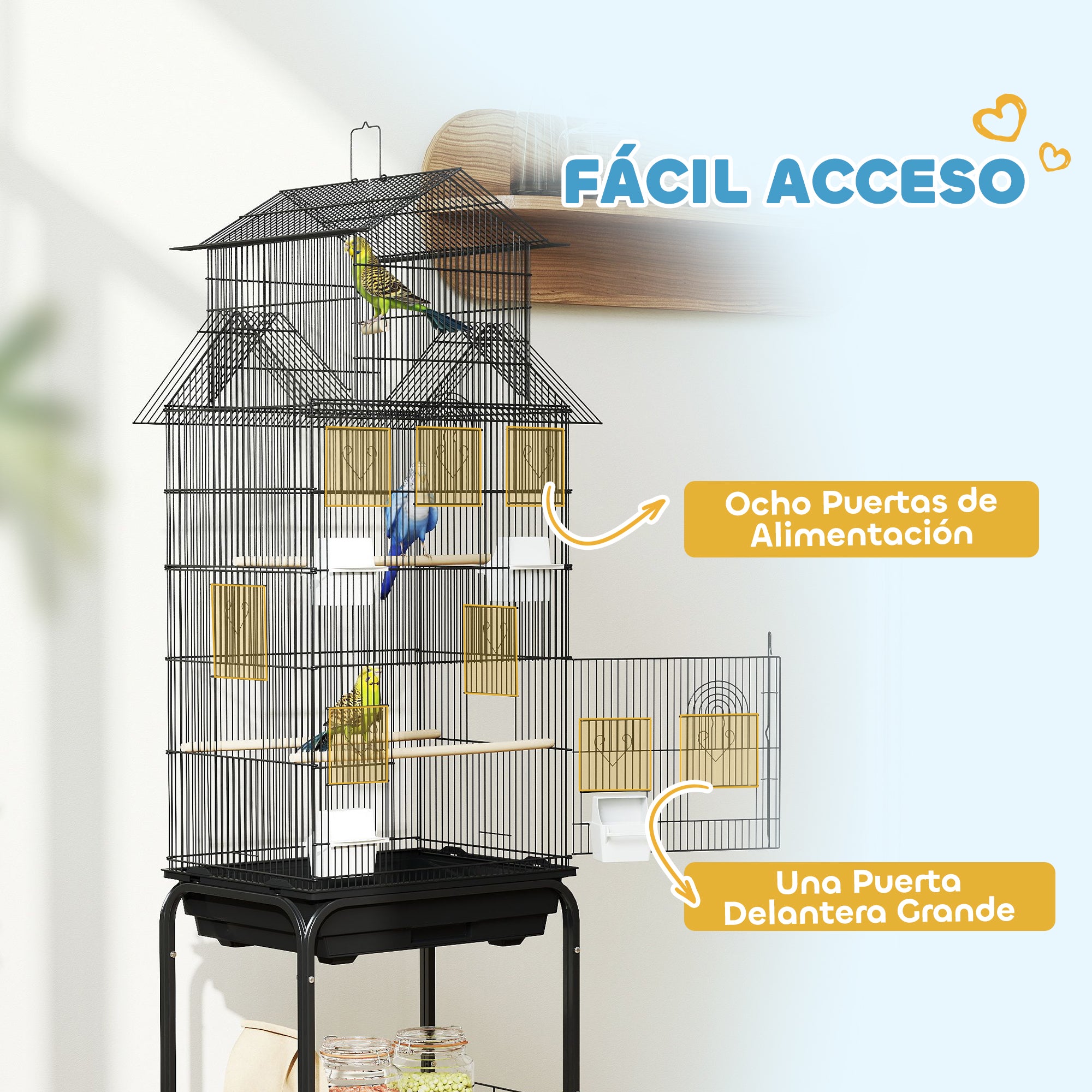 Bird Cage with Wheels Steel Birdcage with Feeders Perches Swing and Removable Tray Large Cage for Parrots Canary Budgie 50.5x41x163 cm Black