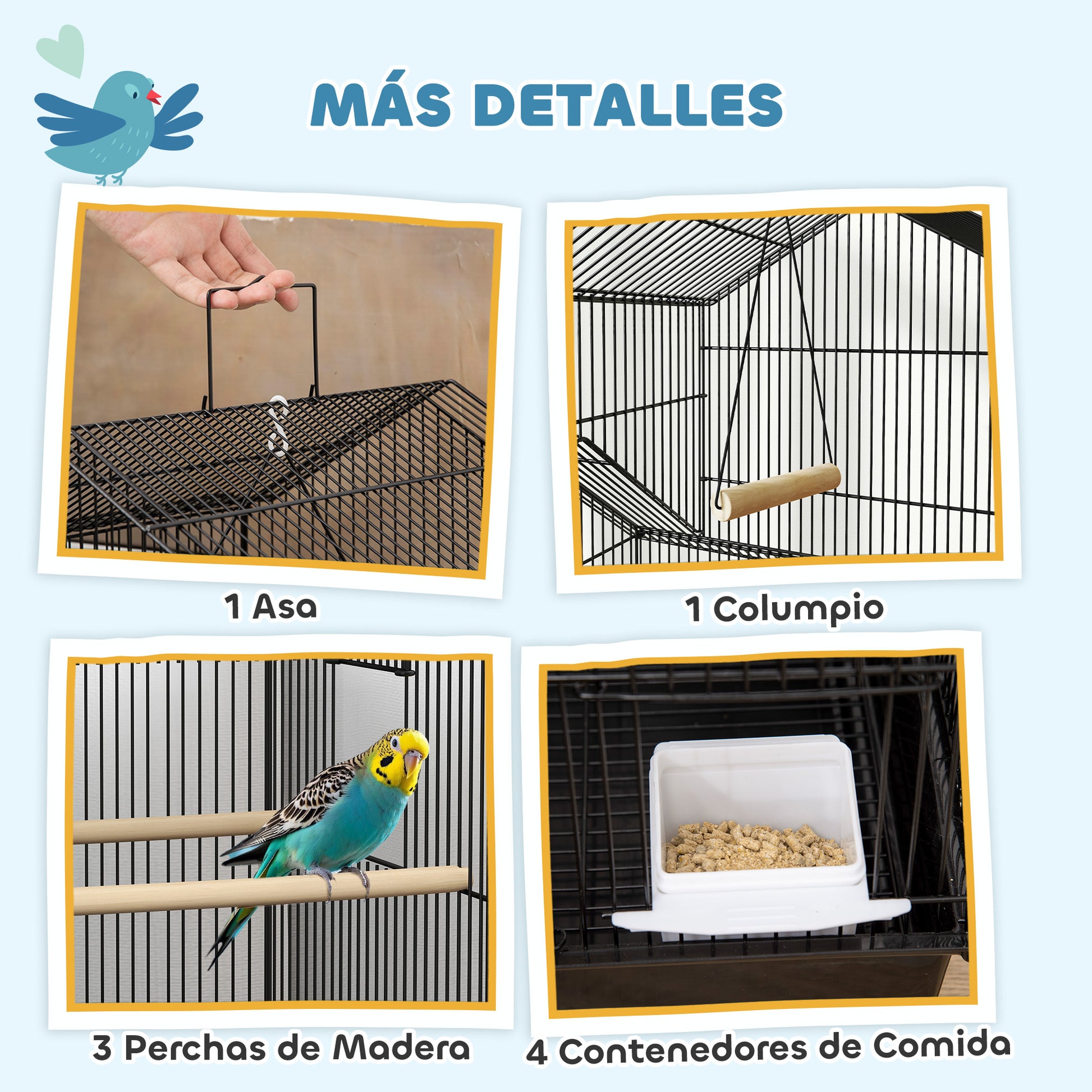 Bird Cage with Wheels Steel Birdcage with Feeders Perches Swing and Removable Tray Large Cage for Parrots Canary Budgie 50.5x41x163 cm Black