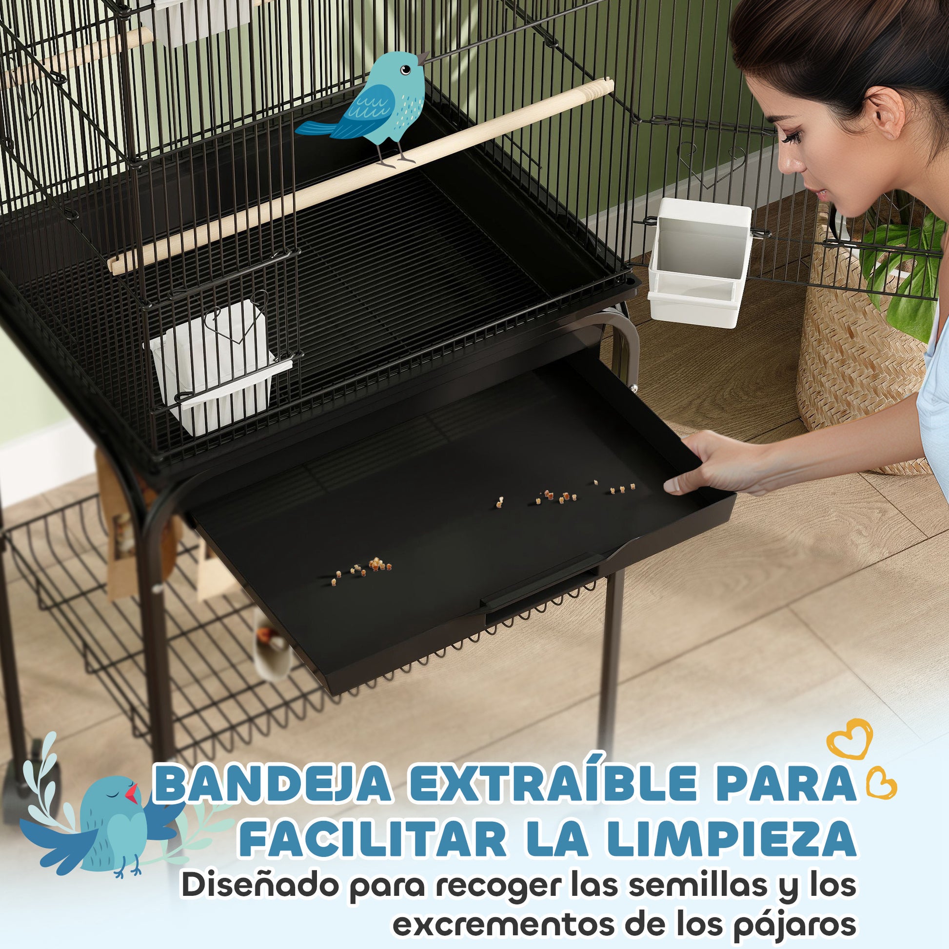 Bird Cage with Wheels Steel Birdcage with Feeders Perches Swing and Removable Tray Large Cage for Parrots Canary Budgie 50.5x41x163 cm Black