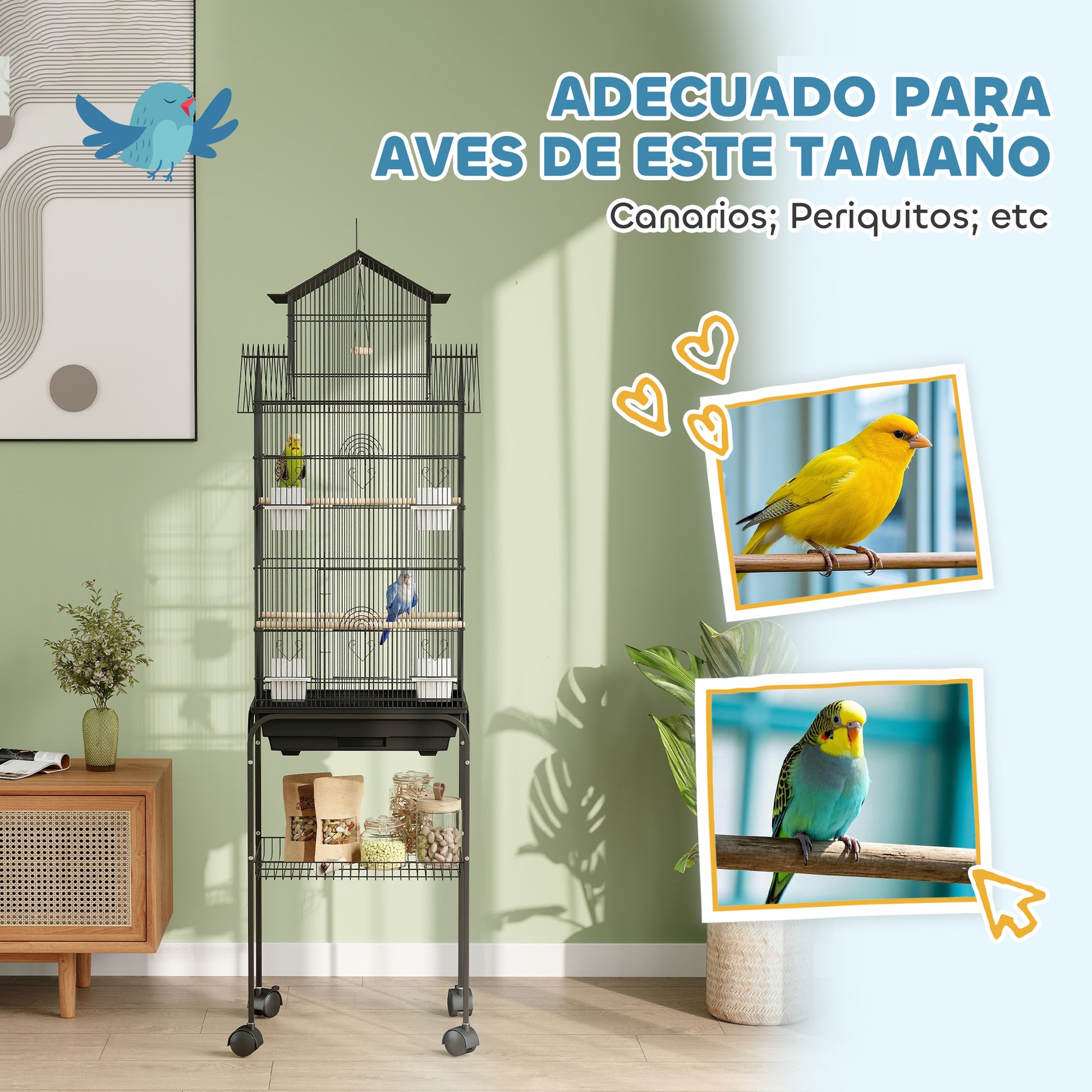 Bird Cage with Wheels Steel Birdcage with Feeders Perches Swing and Removable Tray Large Cage for Parrots Canary Budgie 50.5x41x163 cm Black