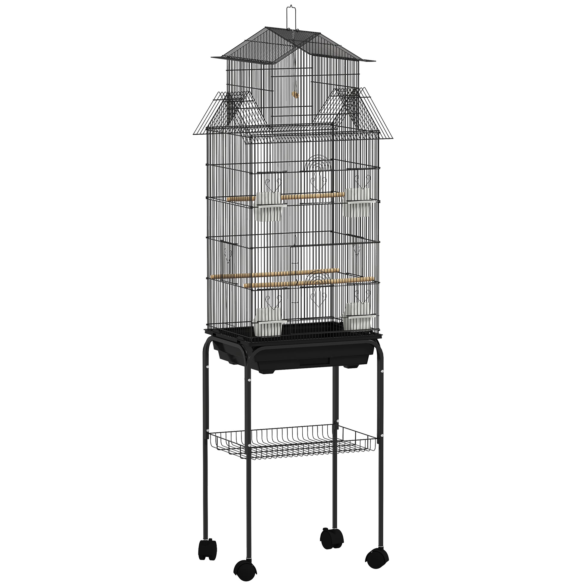 Bird Cage with Wheels Steel Birdcage with Feeders Perches Swing and Removable Tray Large Cage for Parrots Canary Budgie 50.5x41x163 cm Black