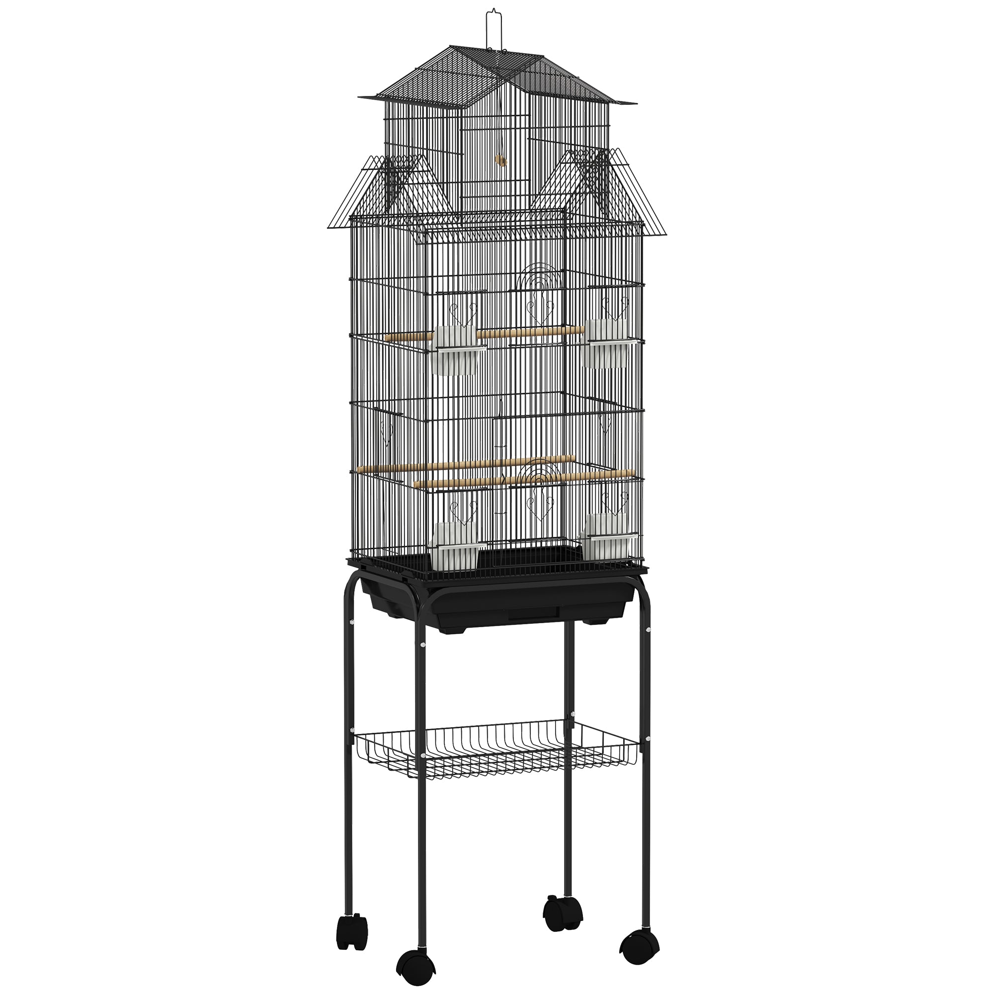 Bird Cage with Wheels Steel Birdcage with Feeders Perches Swing and Removable Tray Large Cage for Parrots Canary Budgie 50.5x41x163 cm Black