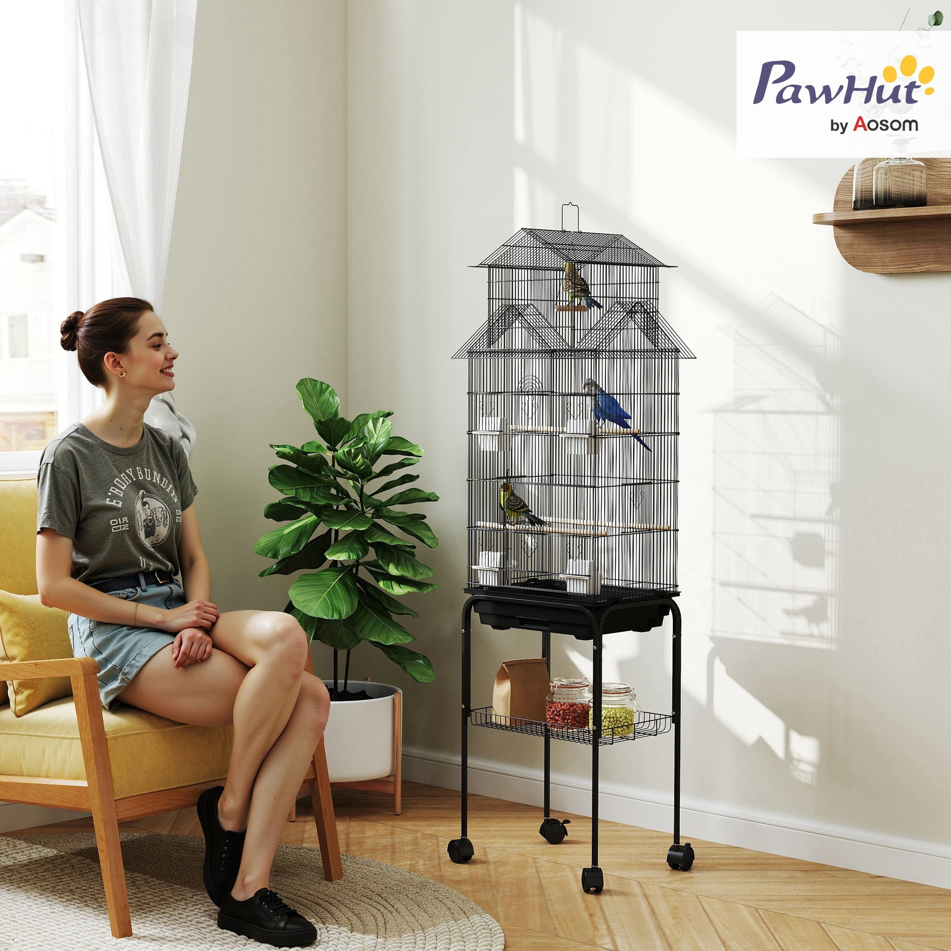 Bird Cage with Wheels Steel Birdcage with Feeders Perches Swing and Removable Tray Large Cage for Parrots Canary Budgie 50.5x41x163 cm Black
