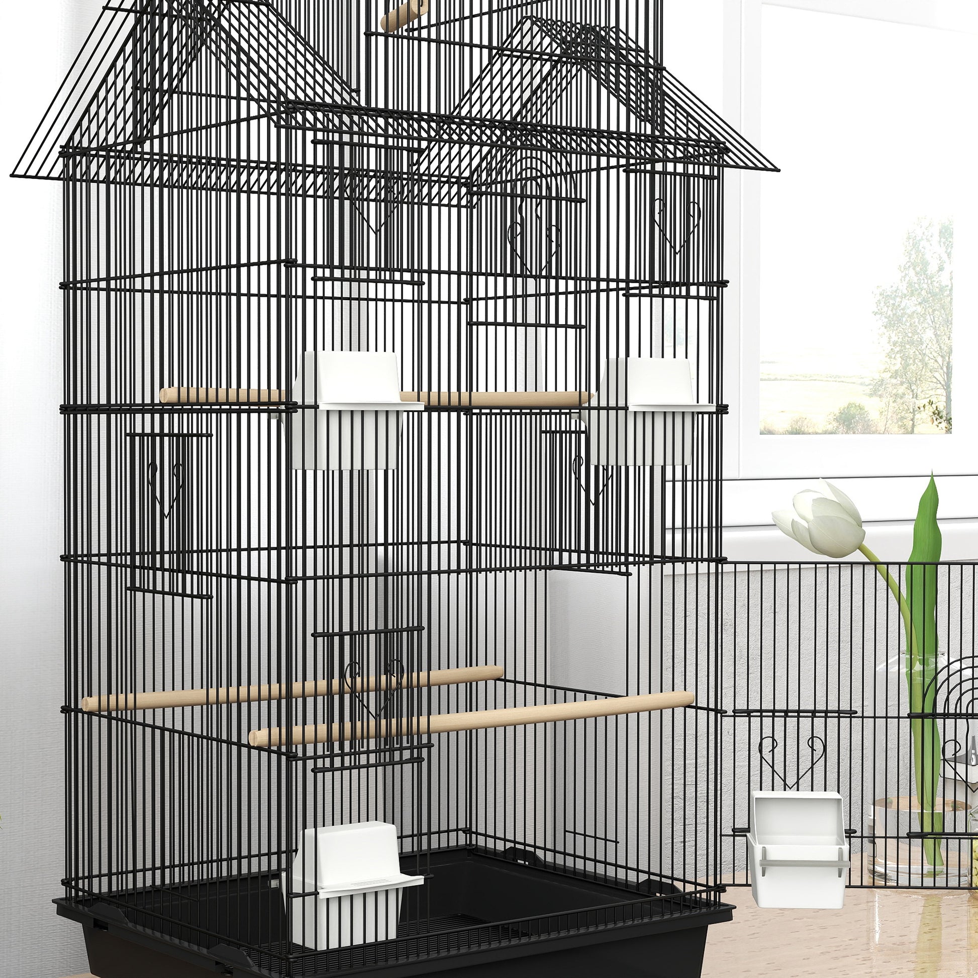 Bird Cage with Wheels Steel Birdcage with Feeders Perches Swing and Removable Tray Large Cage for Parrots Canary Budgie 50.5x41x163 cm Black