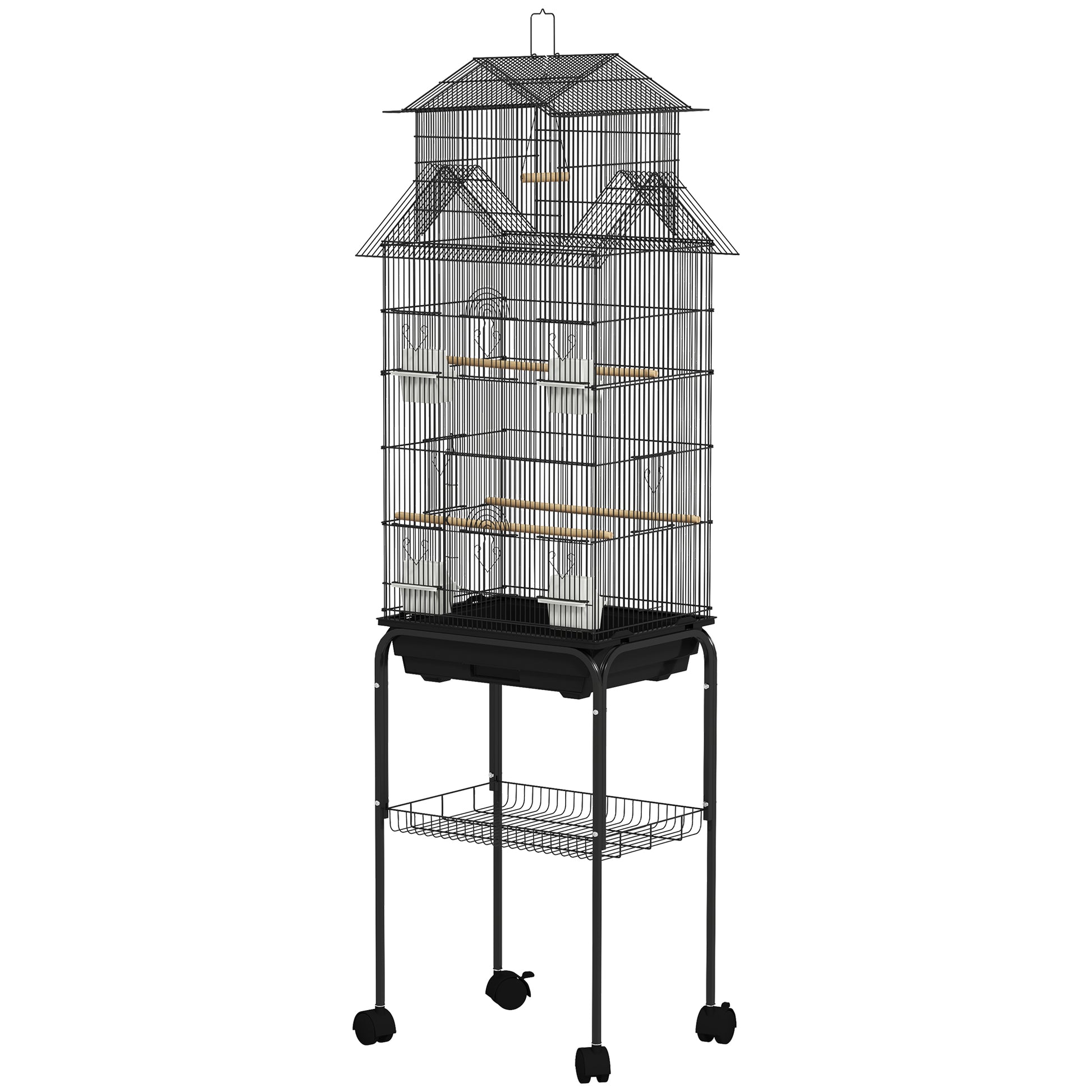 Bird Cage with Wheels Steel Birdcage with Feeders Perches Swing and Removable Tray Large Cage for Parrots Canary Budgie 50.5x41x163 cm Black