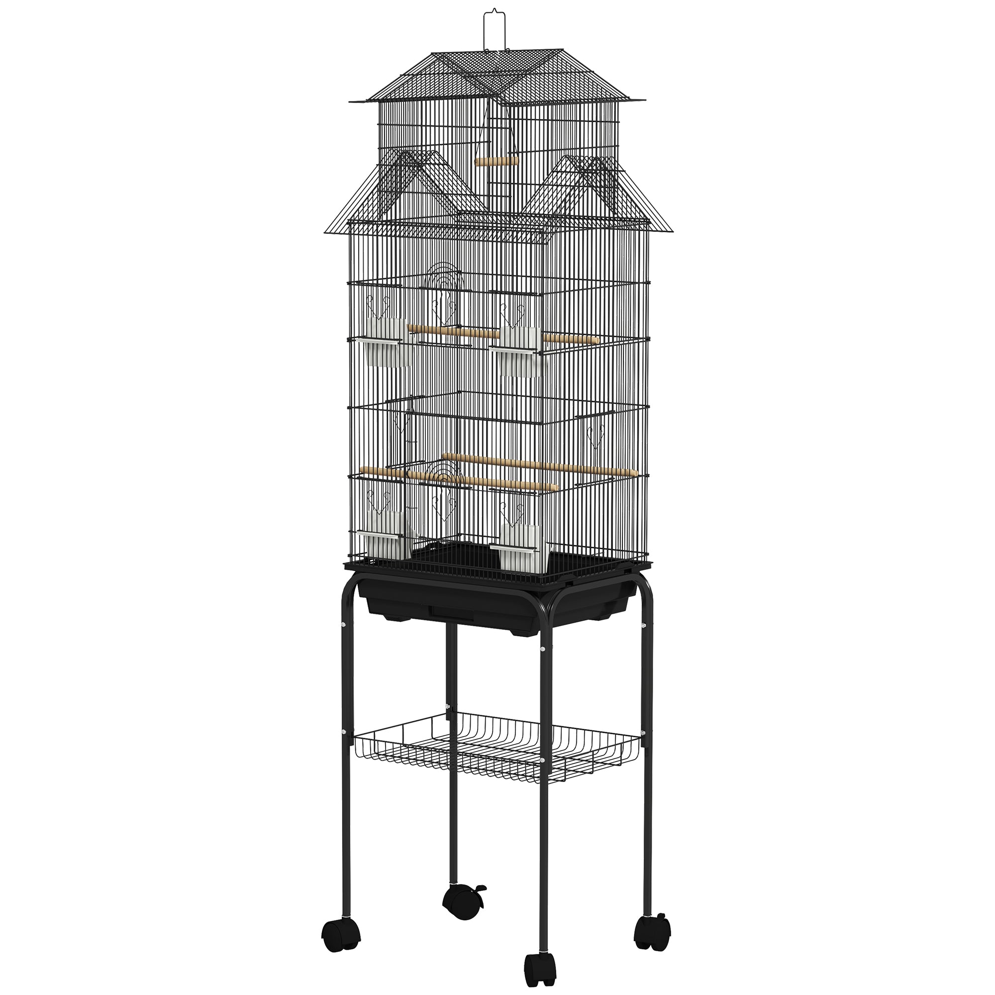 Bird Cage with Wheels Steel Birdcage with Feeders Perches Swing and Removable Tray Large Cage for Parrots Canary Budgie 50.5x41x163 cm Black