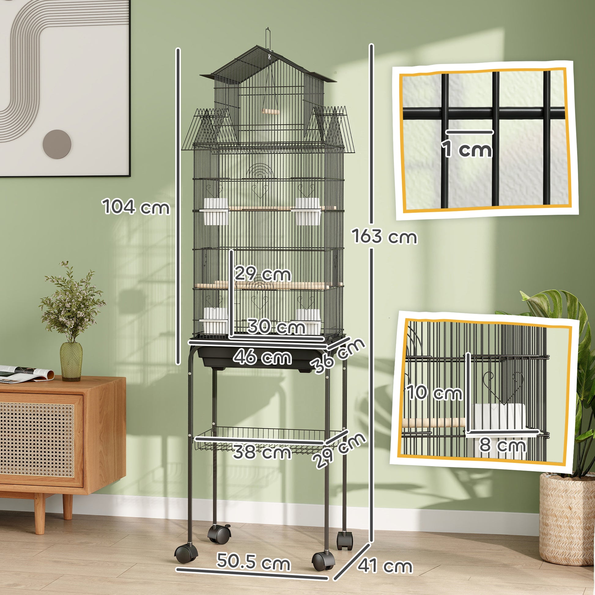 Bird Cage with Wheels Steel Birdcage with Feeders Perches Swing and Removable Tray Large Cage for Parrots Canary Budgie 50.5x41x163 cm Black