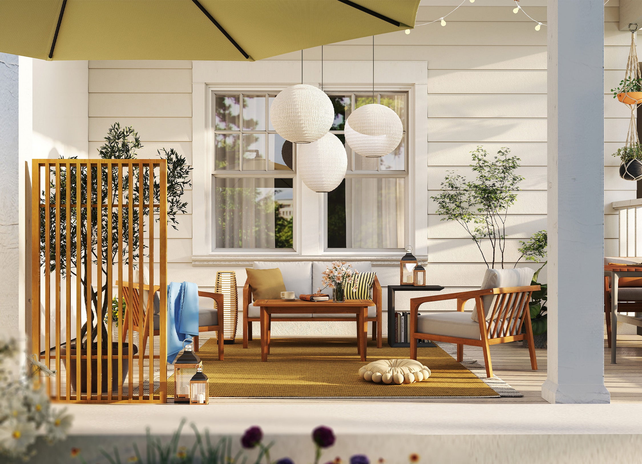 Modern patio with wooden furniture, plants, and decorative elements.