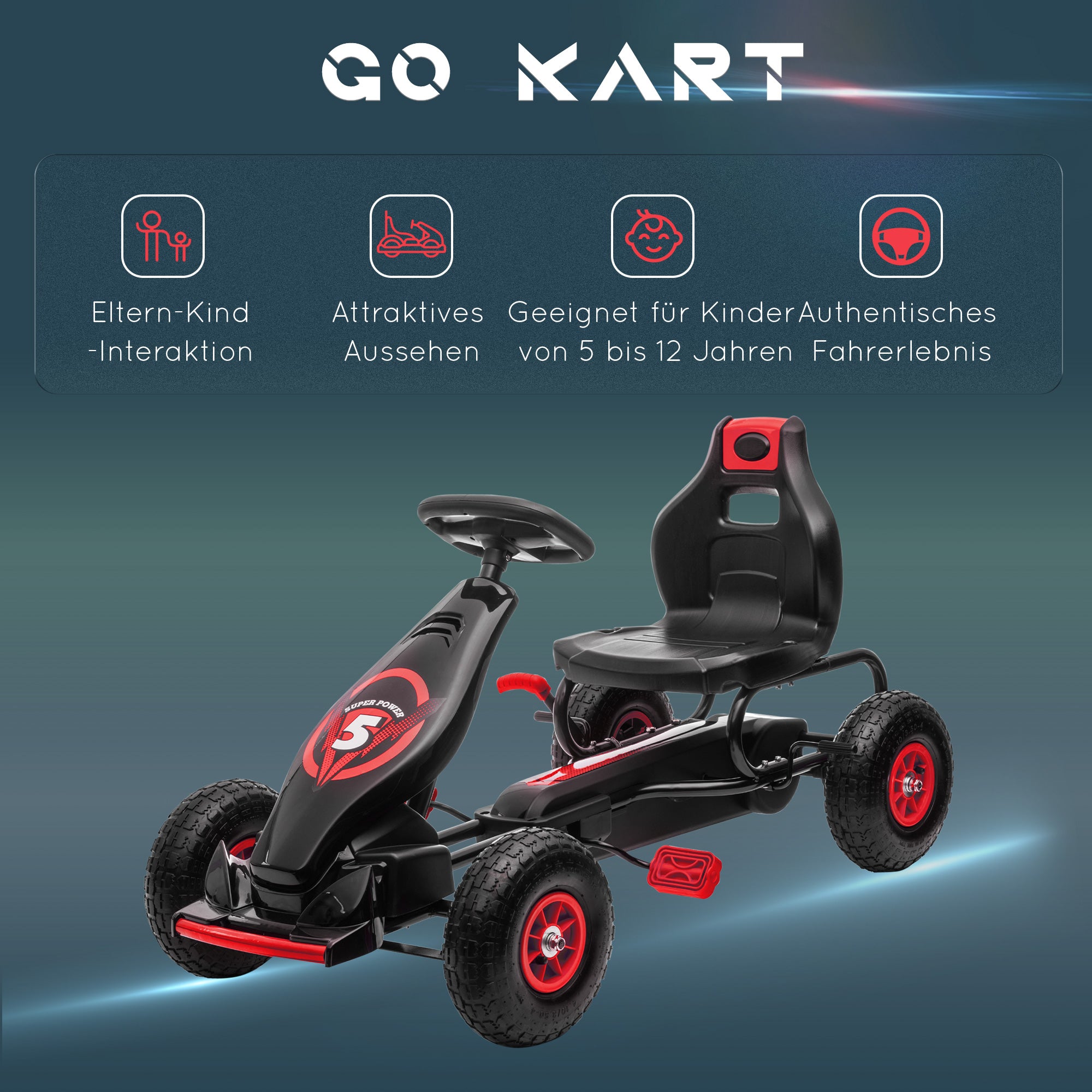 Go-Kart, Children's Vehicle with Adjustable Seat, Pedal Go-Cart with Rubber Tires, Pedal and Hand Brake, Kettcar for 5-12 Years Old Children, Outdoor, Red