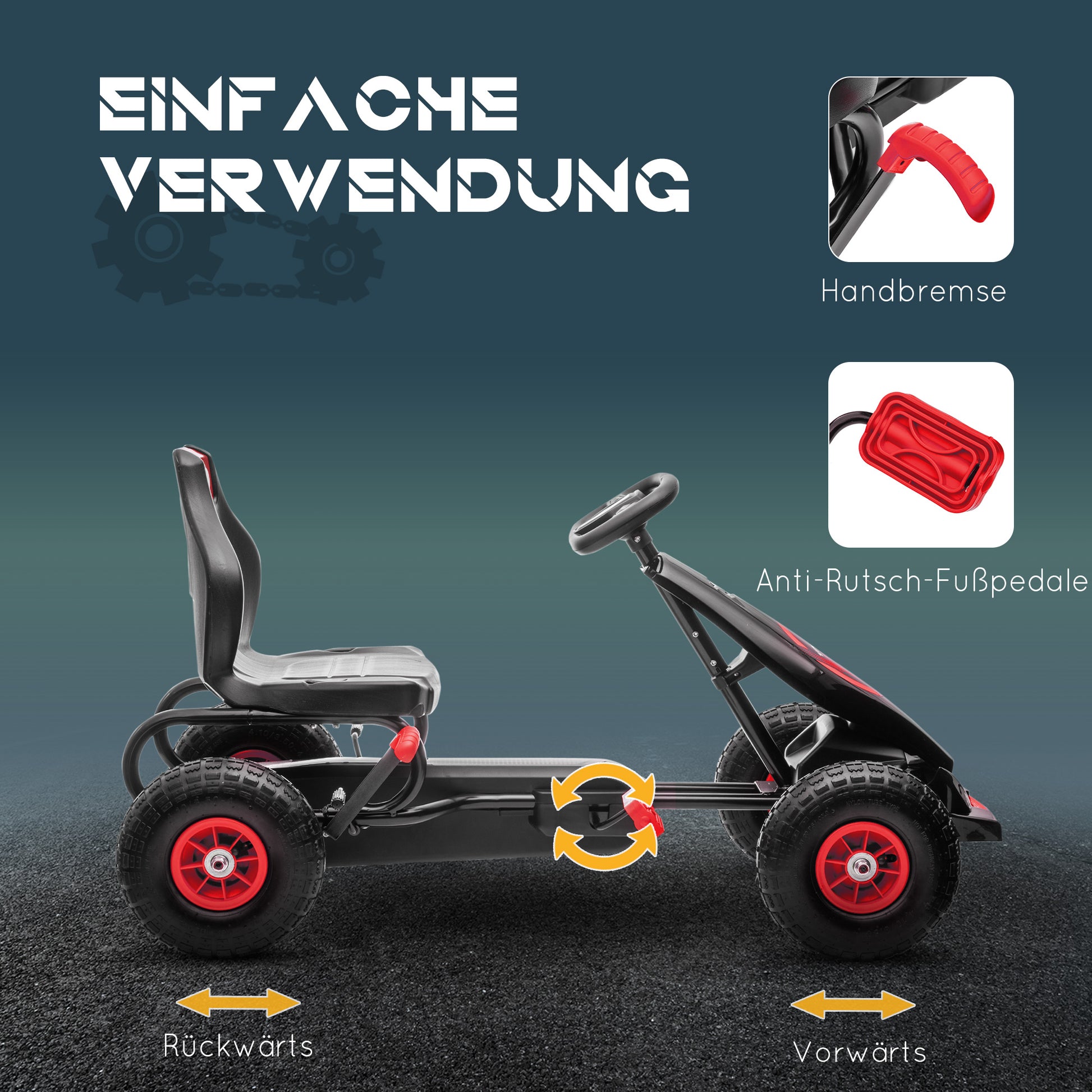 Go-Kart, Children's Vehicle with Adjustable Seat, Pedal Go-Cart with Rubber Tires, Pedal and Hand Brake, Kettcar for 5-12 Years Old Children, Outdoor, Red