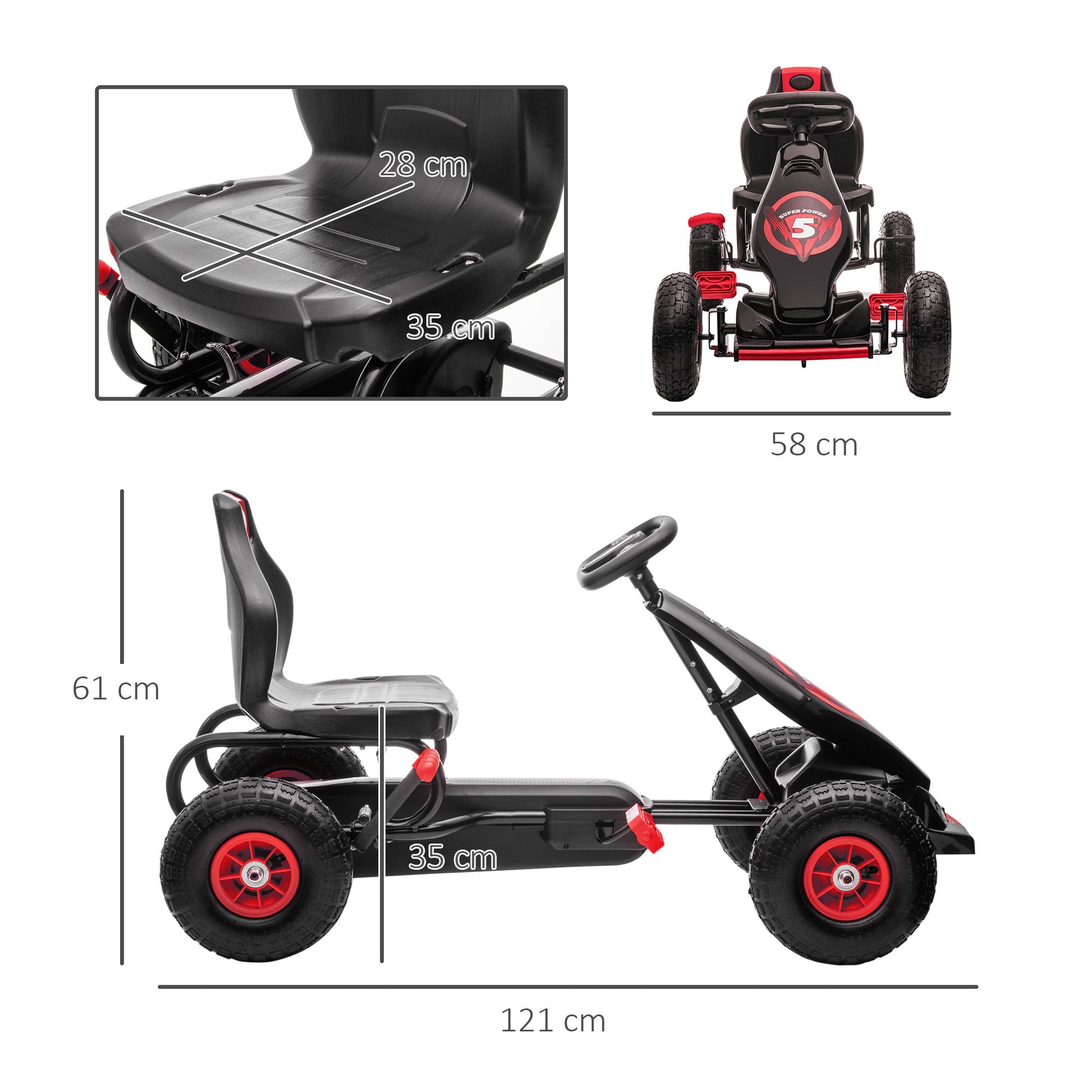 Go-Kart, Children's Vehicle with Adjustable Seat, Pedal Go-Cart with Rubber Tires, Pedal and Hand Brake, Kettcar for 5-12 Years Old Children, Outdoor, Red
