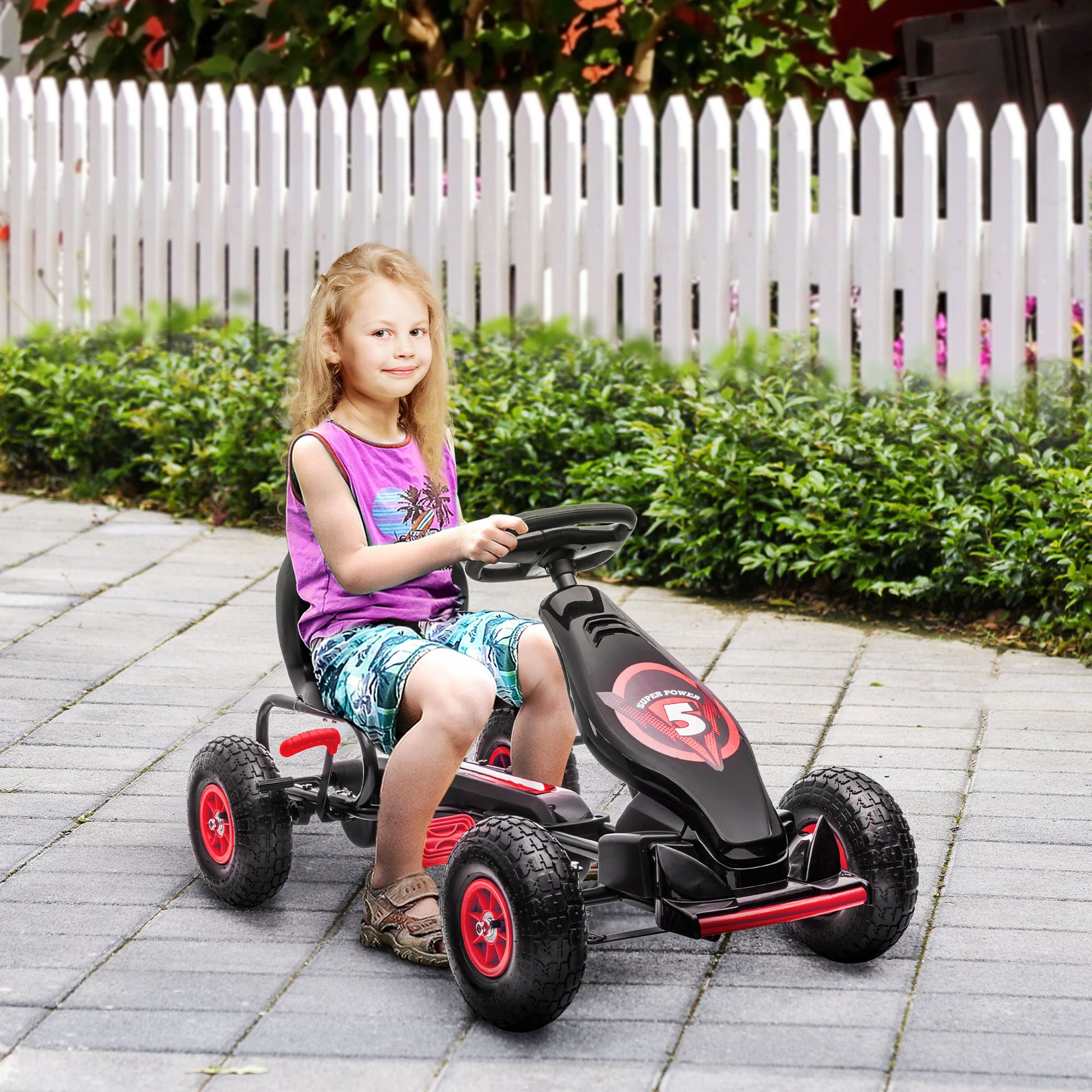 Go-Kart, Children's Vehicle with Adjustable Seat, Pedal Go-Cart with Rubber Tires, Pedal and Hand Brake, Kettcar for 5-12 Years Old Children, Outdoor, Red