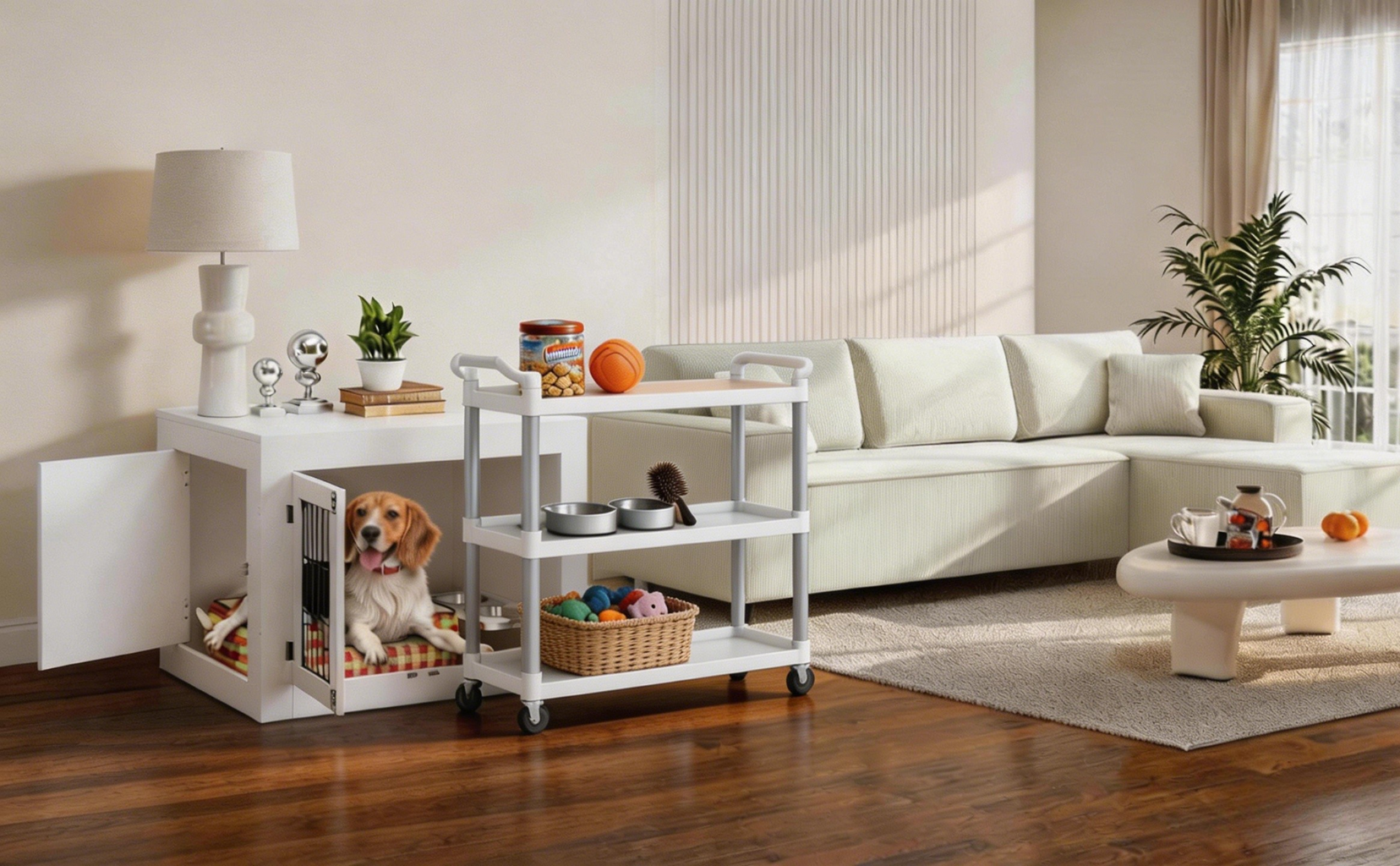 Living room with a dog in a crate next to a white cart with pet supplies.
