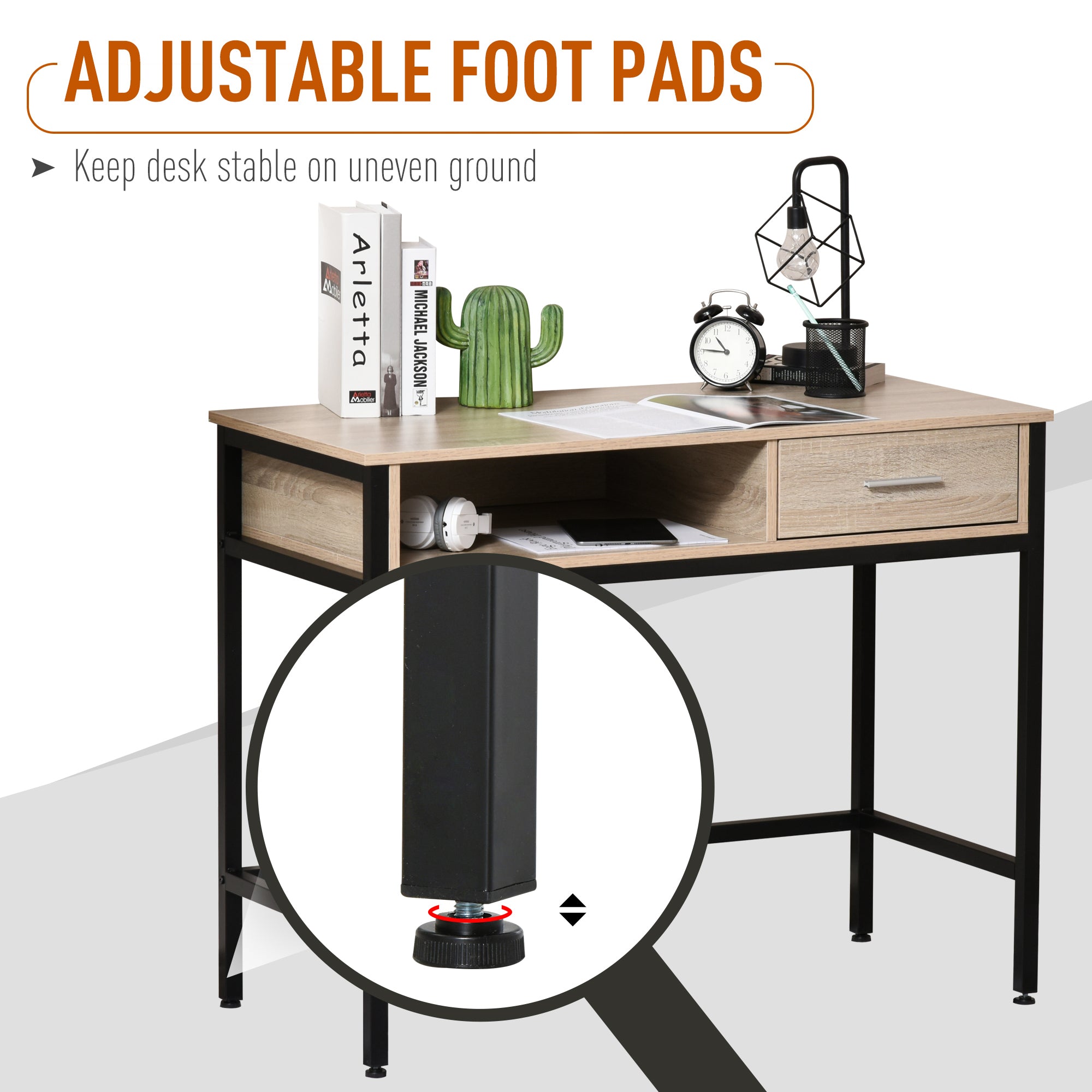 Industrial Desk with Storage Computer Desk with Drawer Metal Frame Black Oak Wood Desktop