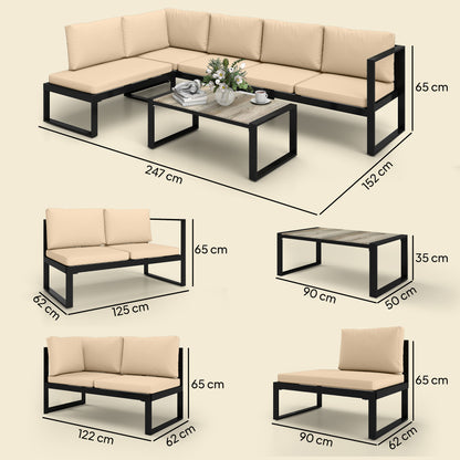 4-Piece Outdoor Garden Sofa Set — 2 Two-Seat Sofas, Armless Chair & Coffee Table, Steel Frame with Cushions, Khaki