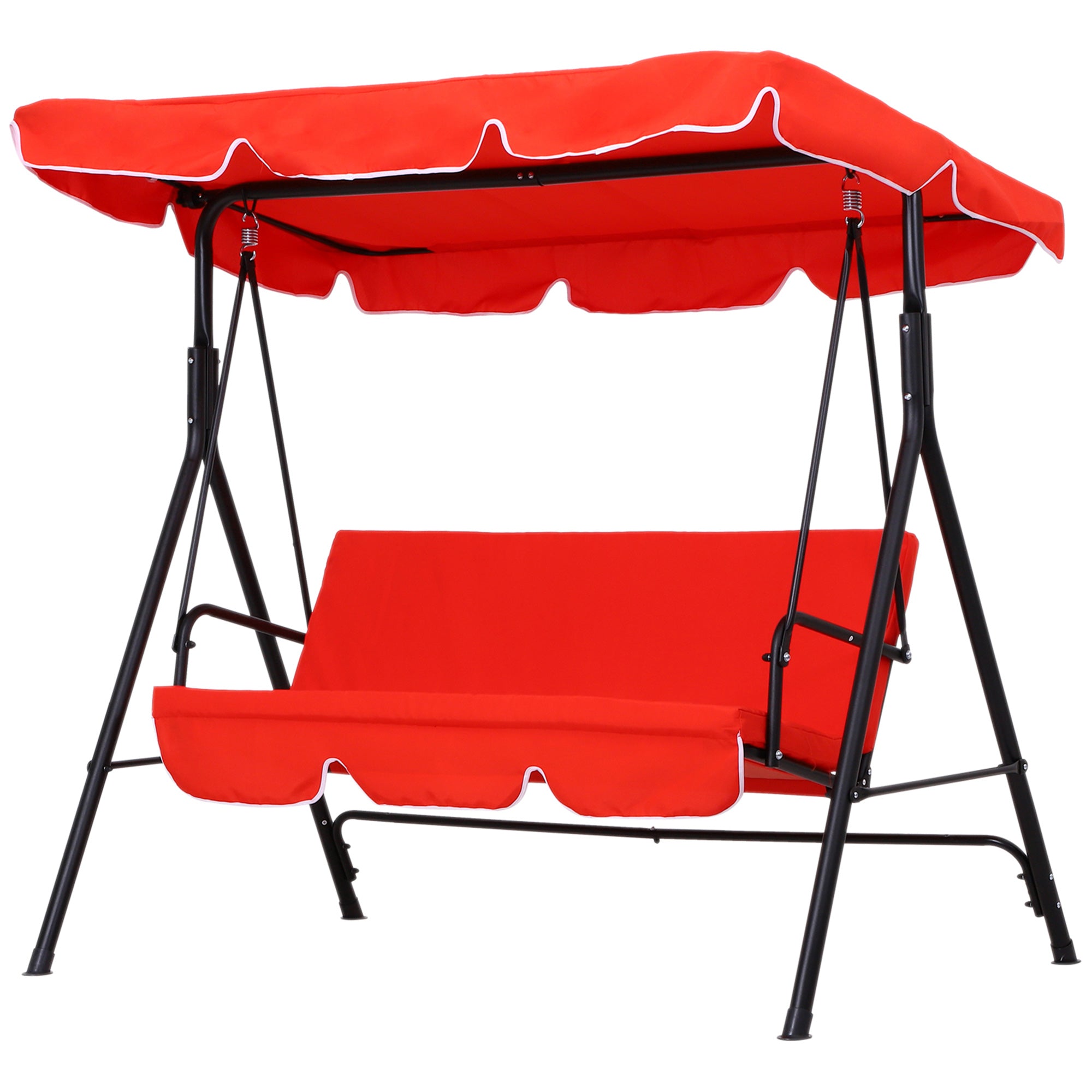 3-Seater Garden Swing with Adjustable Canopy Seat and Back Cushions 1.72L x 1.1W x 1.52H m Black Steel Red Polyester