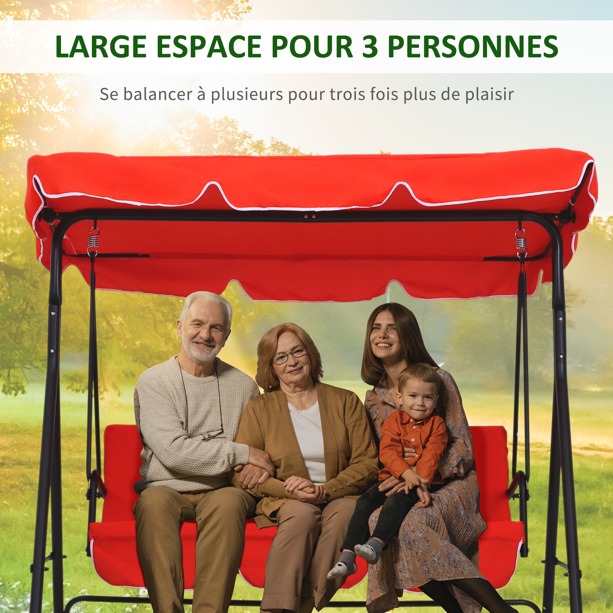 3-Seater Garden Swing with Adjustable Canopy Seat and Back Cushions 1.72L x 1.1W x 1.52H m Black Steel Red Polyester