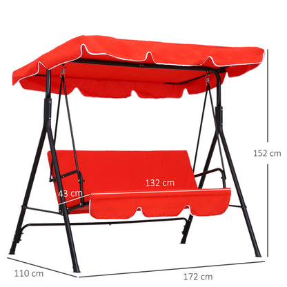 3-Seater Garden Swing with Adjustable Canopy Seat and Back Cushions 1.72L x 1.1W x 1.52H m Black Steel Red Polyester