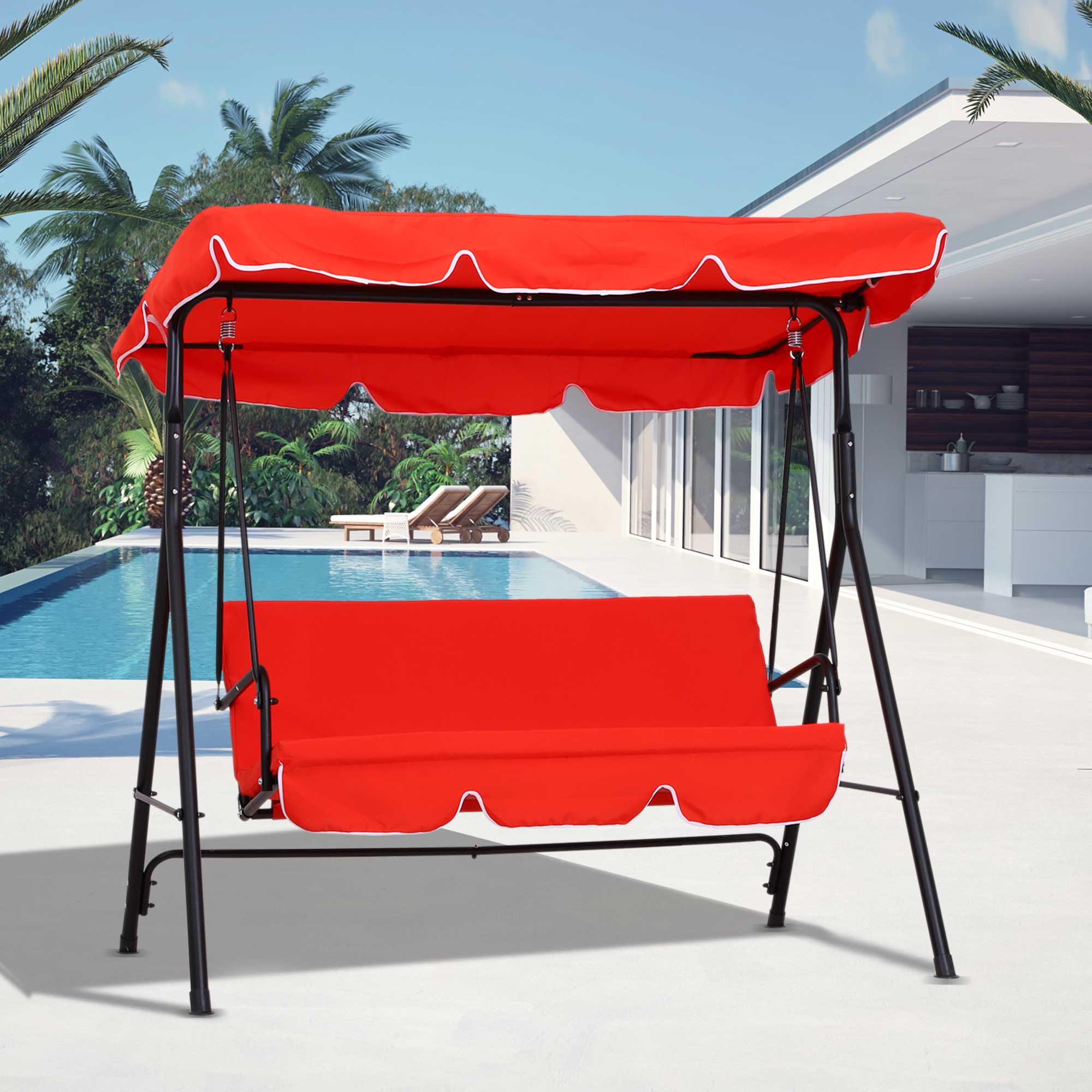 3-Seater Garden Swing with Adjustable Canopy Seat and Back Cushions 1.72L x 1.1W x 1.52H m Black Steel Red Polyester