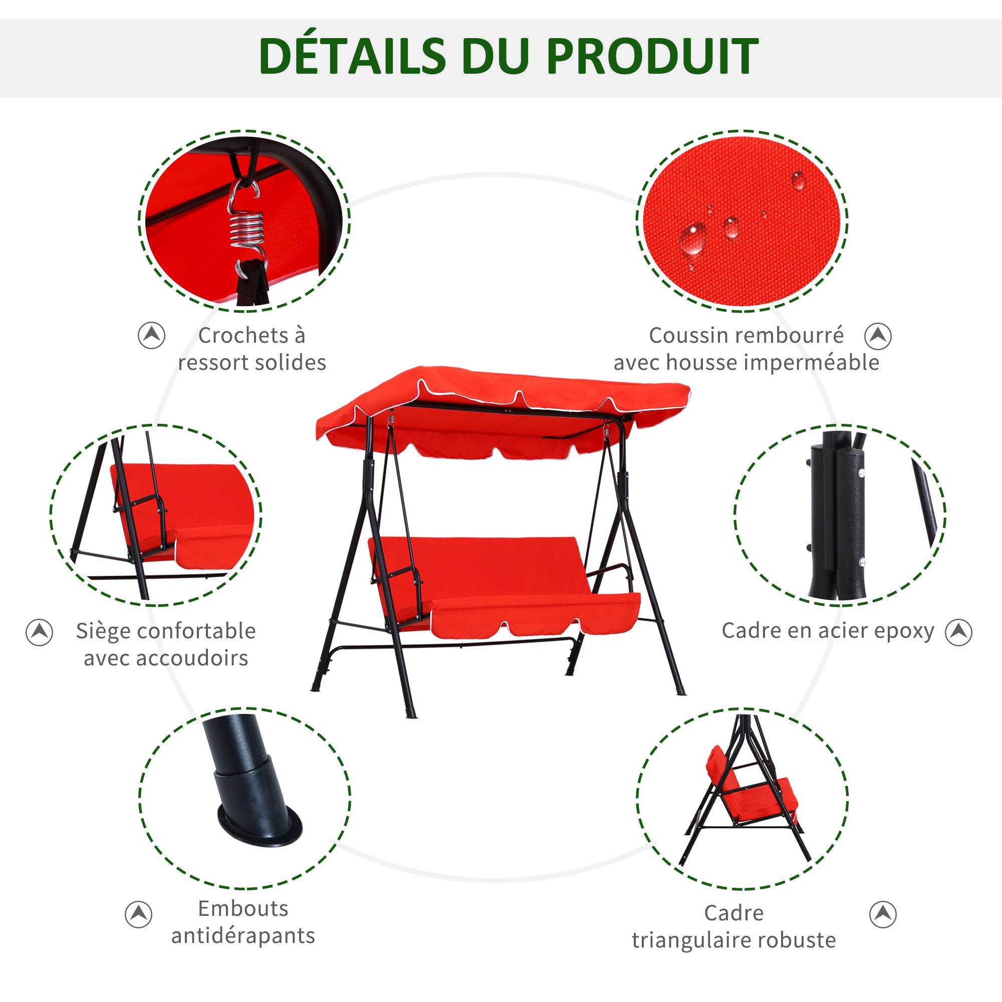 3-Seater Garden Swing with Adjustable Canopy Seat and Back Cushions 1.72L x 1.1W x 1.52H m Black Steel Red Polyester