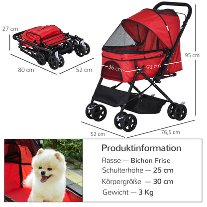 Dog Stroller Pet Wagon Buggy for Small Dogs and Cats Pet Stroller Cat Buggy Oxford Red 76.5 x 52 x 95 cm