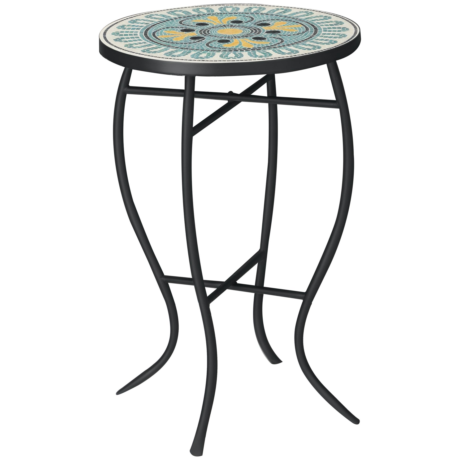 Round Garden Table in Metal with Mosaic Tabletop, 35.5x35.5x53.5cm, Multicolor