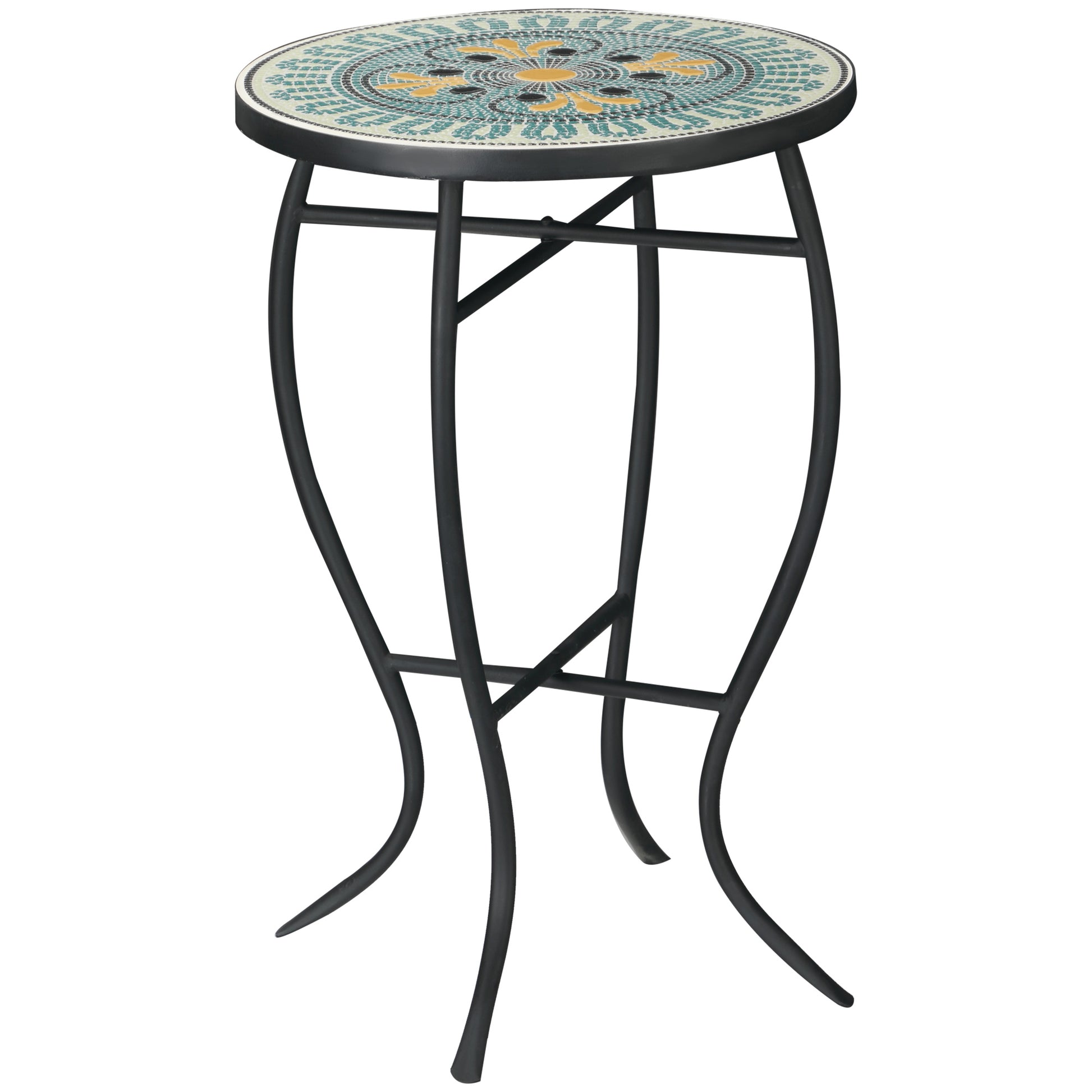 Round Garden Table in Metal with Mosaic Tabletop, 35.5x35.5x53.5cm, Multicolor