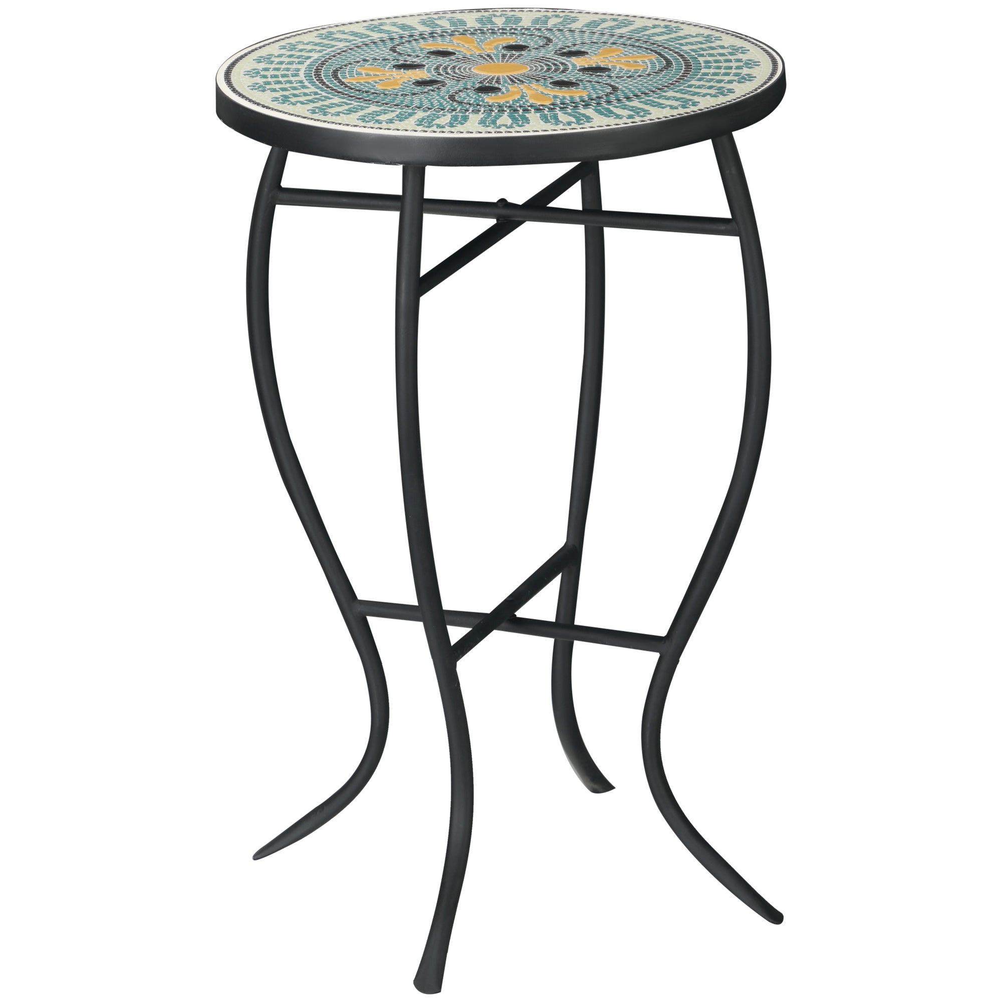Round Garden Table in Metal with Mosaic Tabletop, 35.5x35.5x53.5cm, Multicolor
