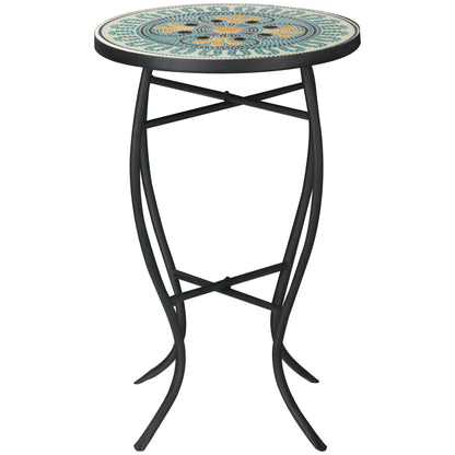 Round Garden Table in Metal with Mosaic Tabletop, 35.5x35.5x53.5cm, Multicolor