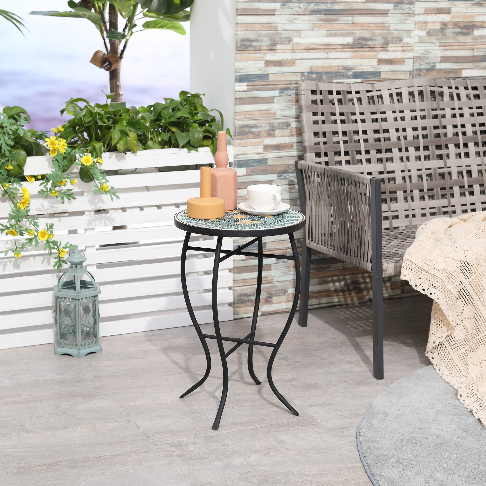 Round Garden Table in Metal with Mosaic Tabletop, 35.5x35.5x53.5cm, Multicolor