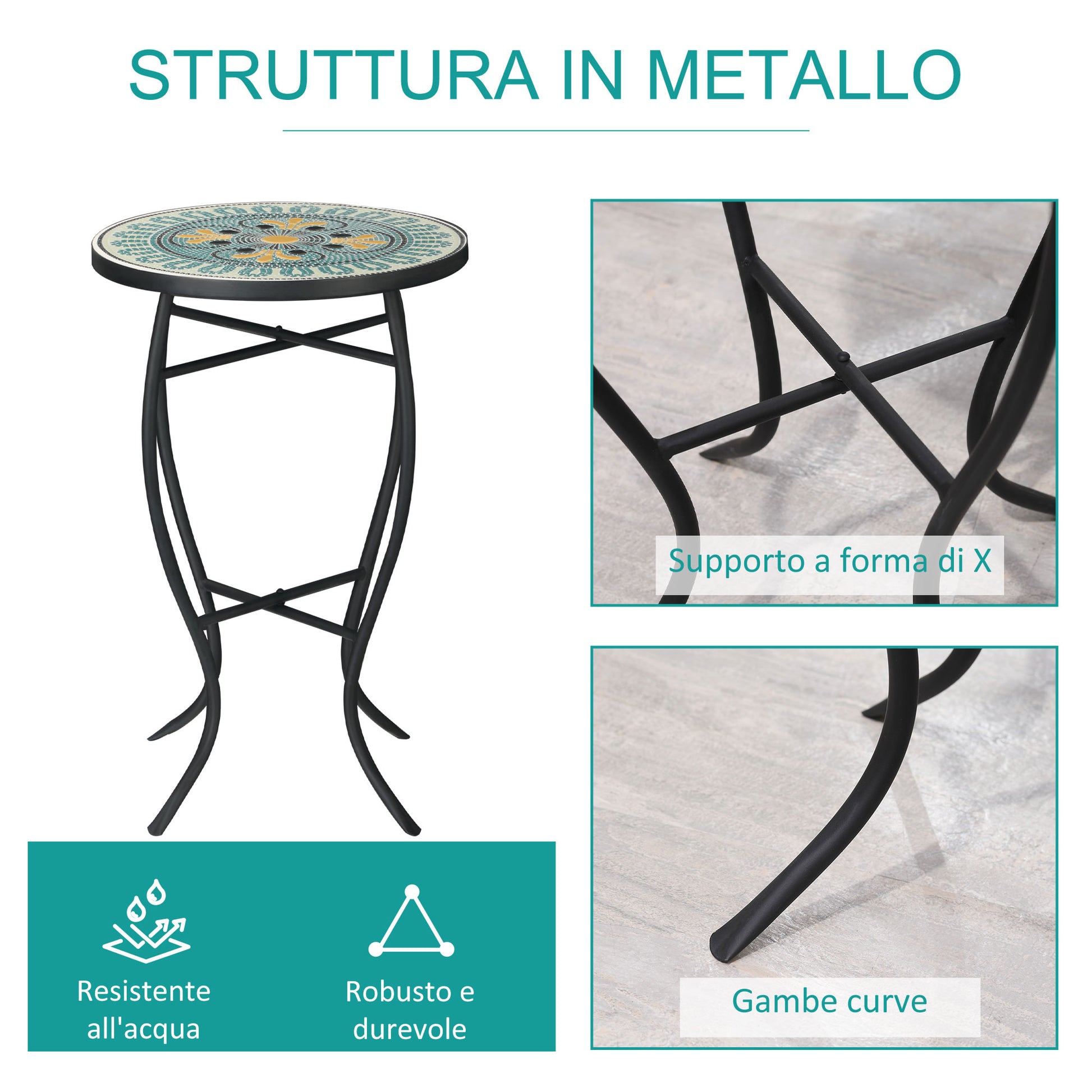 Round Garden Table in Metal with Mosaic Tabletop, 35.5x35.5x53.5cm, Multicolor