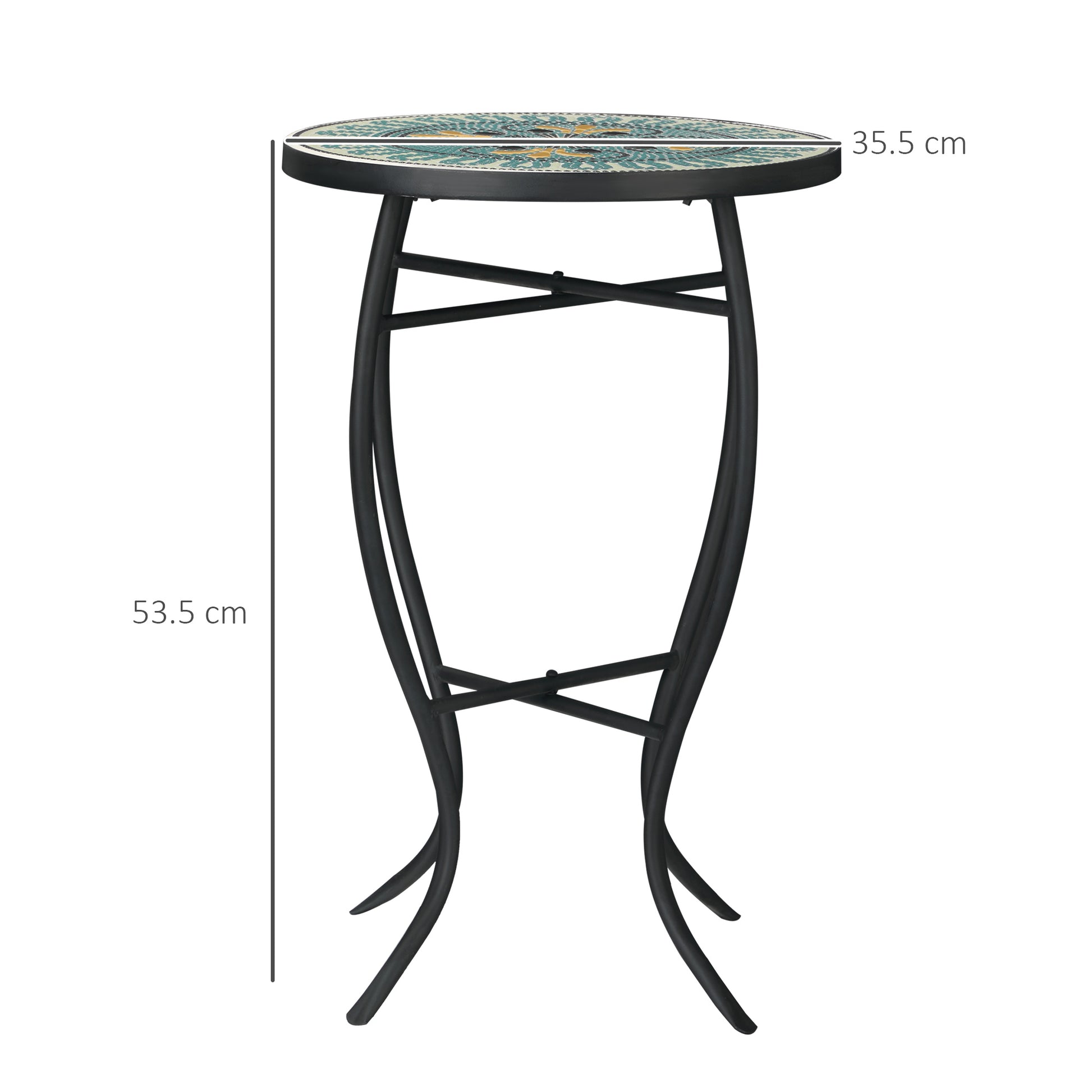 Round Garden Table in Metal with Mosaic Tabletop, 35.5x35.5x53.5cm, Multicolor