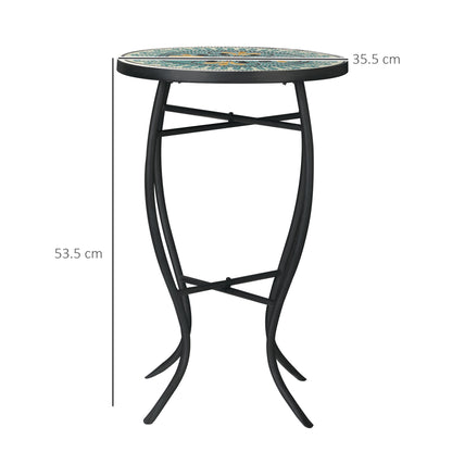 Round Garden Table in Metal with Mosaic Tabletop, 35.5x35.5x53.5cm, Multicolor