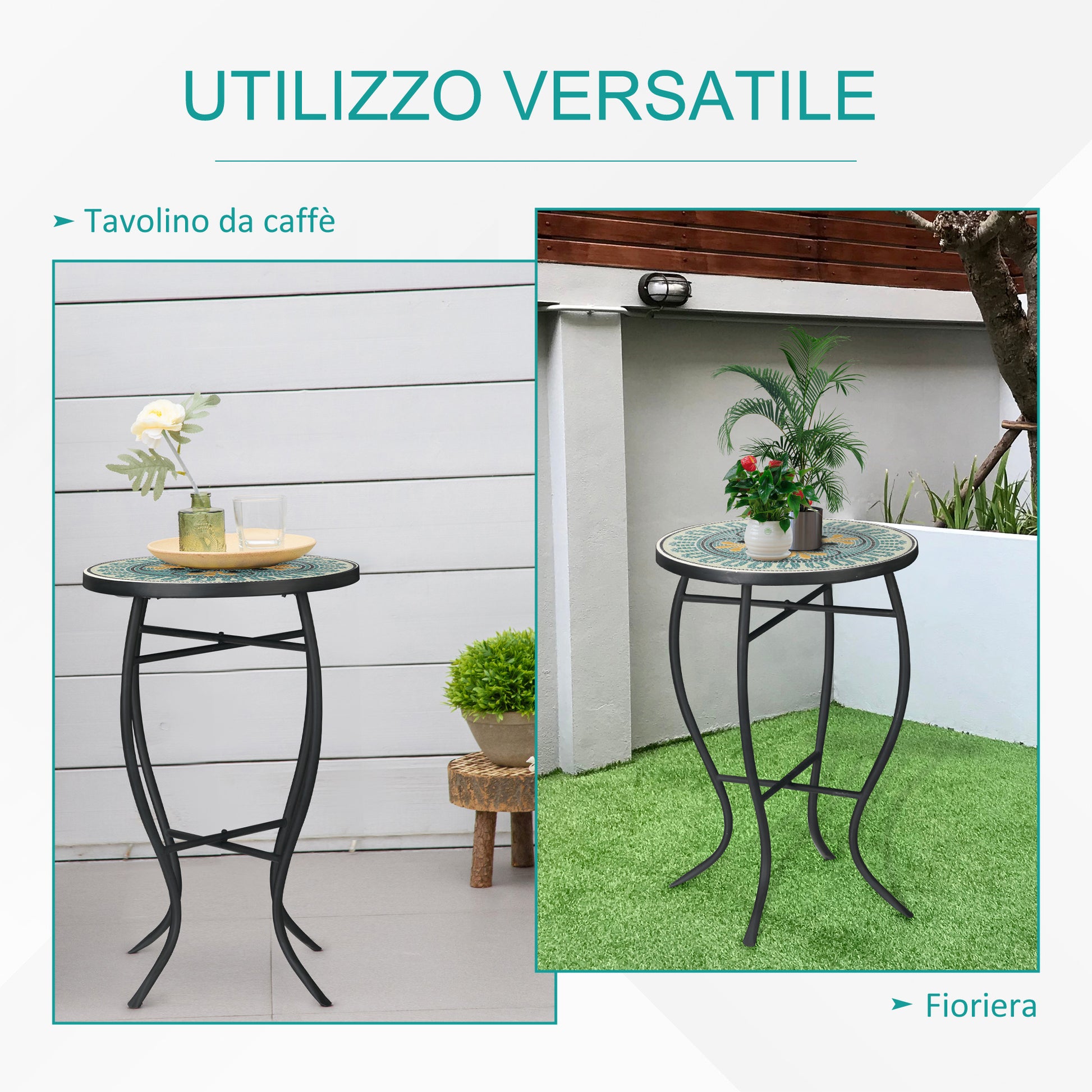 Round Garden Table in Metal with Mosaic Tabletop, 35.5x35.5x53.5cm, Multicolor