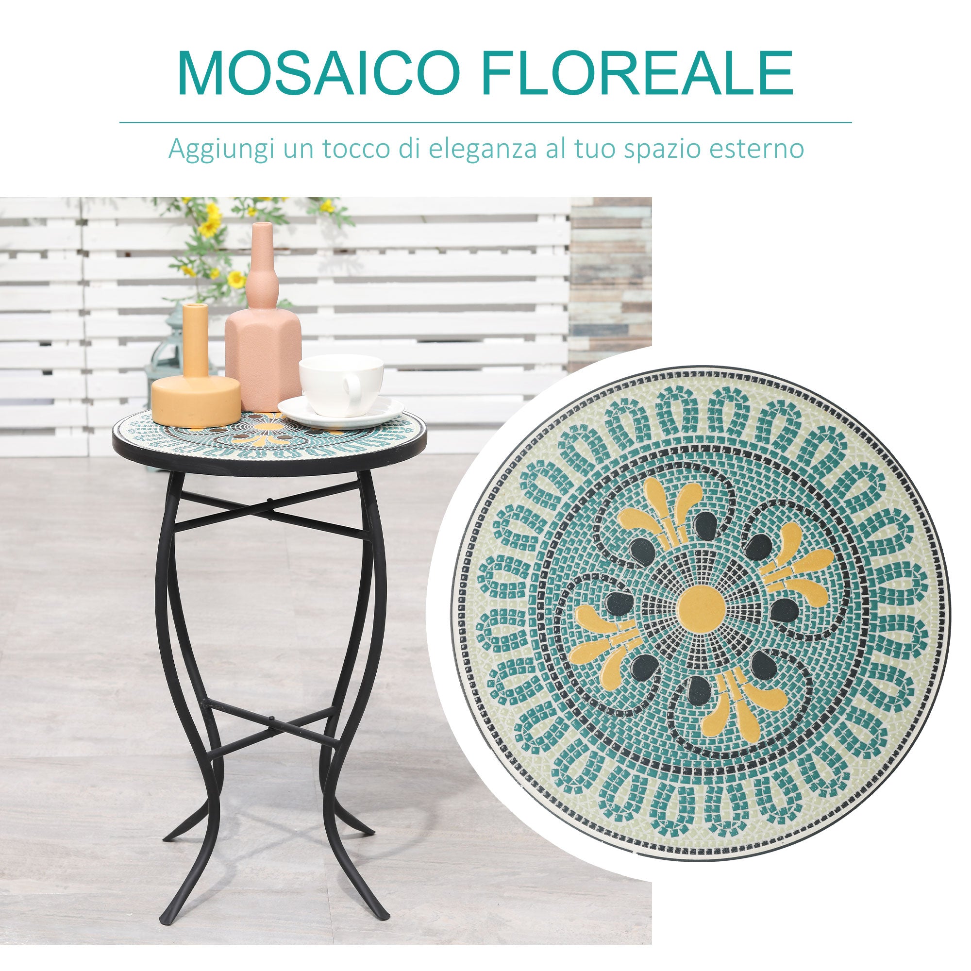 Round Garden Table in Metal with Mosaic Tabletop, 35.5x35.5x53.5cm, Multicolor
