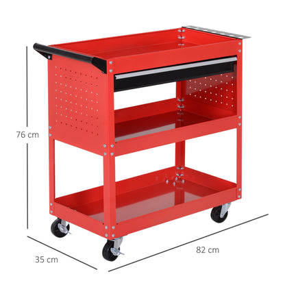 Workshop Tool Cart, Tool Cart with 3 Levels, Trolley with Drawer, Assembly Cart for Garage, Warehouse, max. 60 kg Load, Red